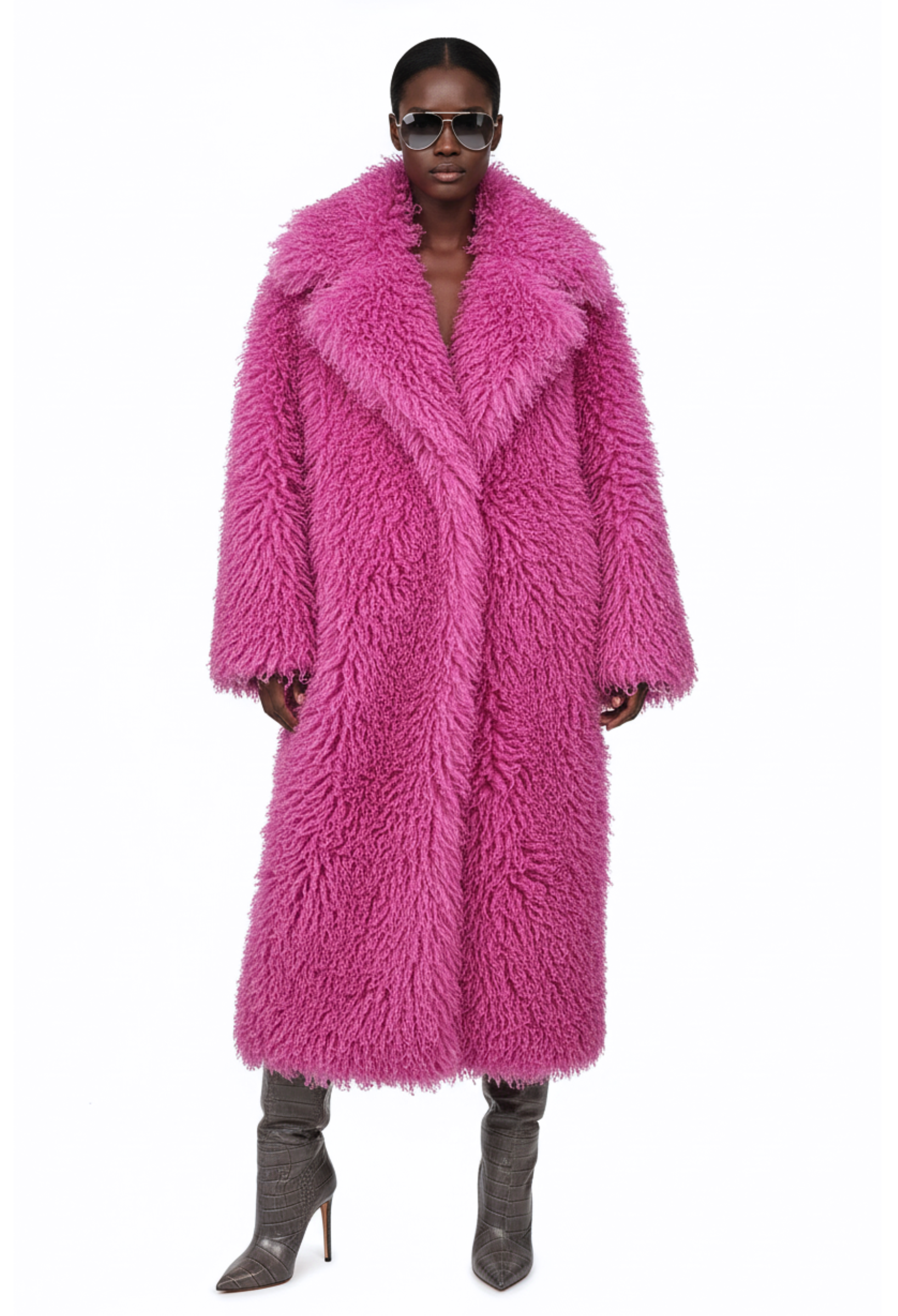 Rosé Opulence faux Mongolian fur coat by GOLD x TEAL, full-length pink statement coat with wide lapel collar.