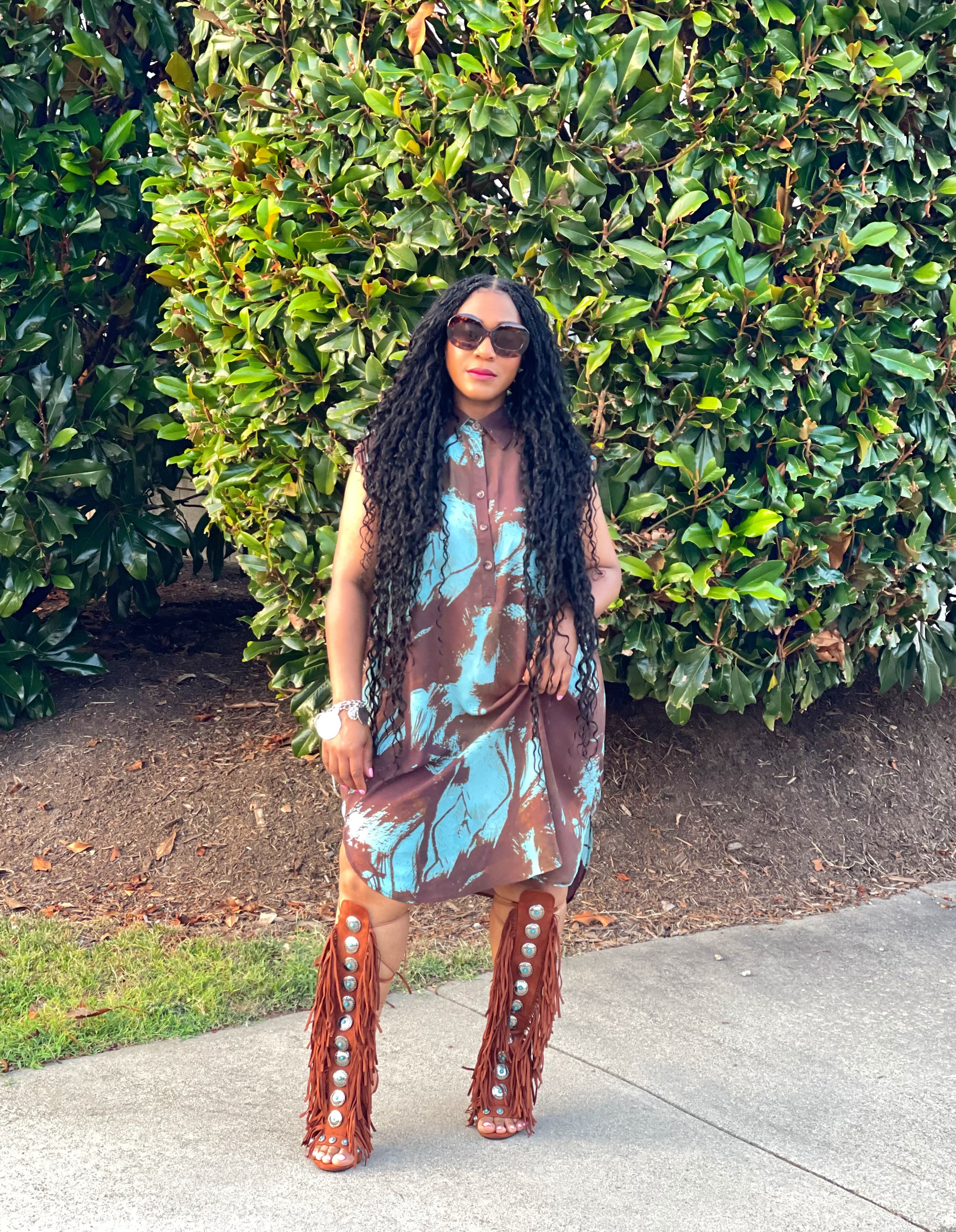 GOLDxTEAL boho abstract print shirt dress, sleeveless.