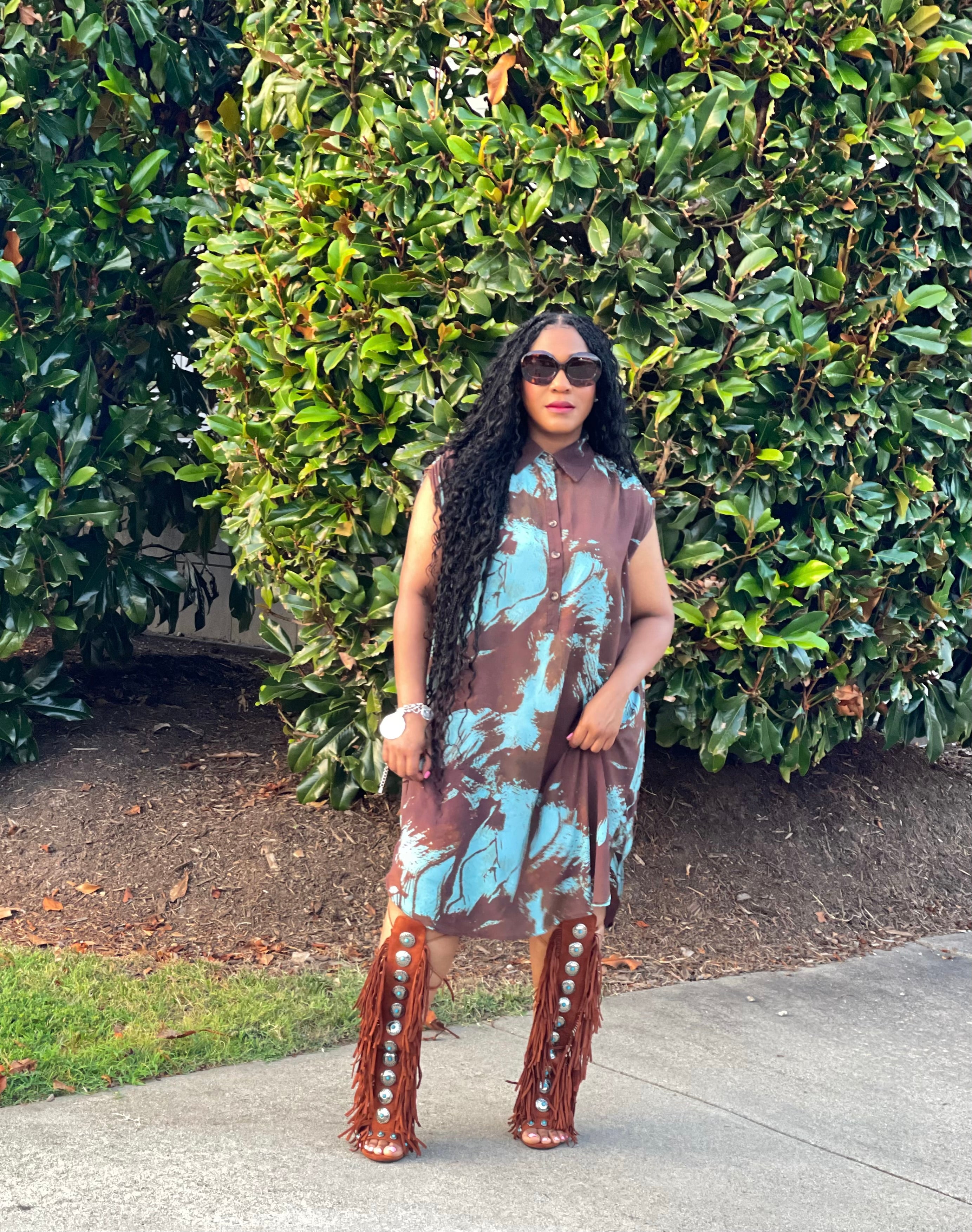GOLDxTEAL boho abstract print shirt dress, sleeveless.