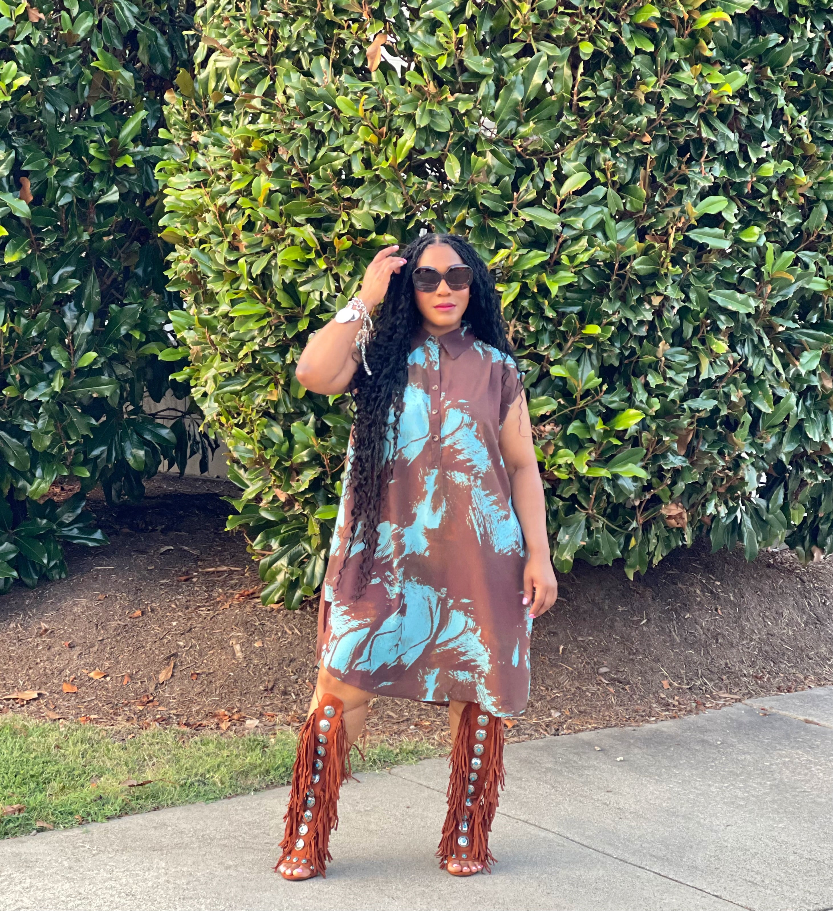 GOLDxTEAL boho abstract print shirt dress, sleeveless.