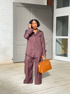 GOLDxTEAL chic brown wide leg pant set.