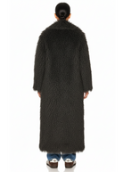 Back view of the GOLD x TEAL Mocha Opulence Coat highlighting long textured faux Mongolian fur design.