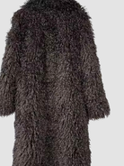 Close-up texture detail of the GOLD x TEAL Mocha Opulence Coat showcasing rich mocha faux Mongolian fur.