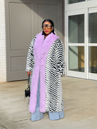 GOLDxTEAL black and white chevron print faux fur coat accented with lavender faux fur.