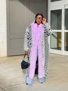 GOLDxTEAL black and white chevron print faux fur coat accented with lavender faux fur.