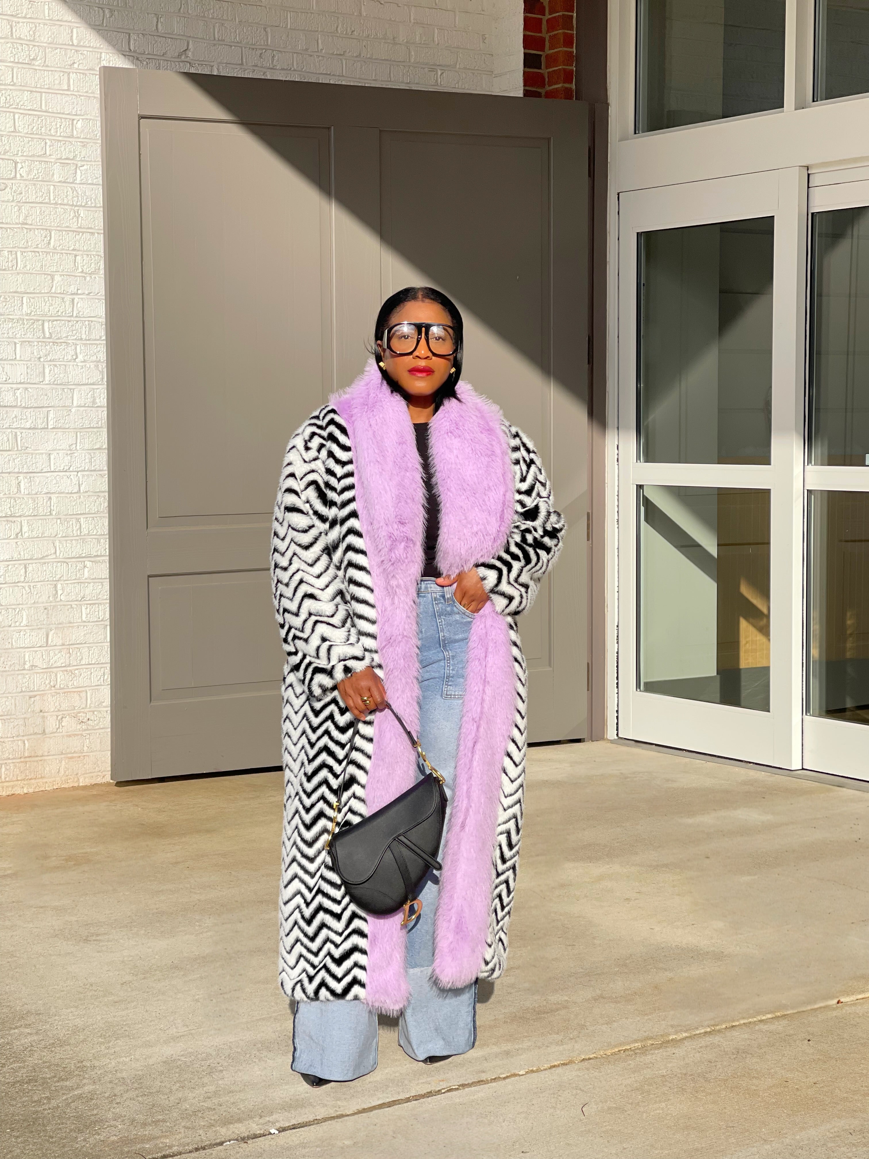 GOLDxTEAL black and white chevron print faux fur coat accented with lavender faux fur.