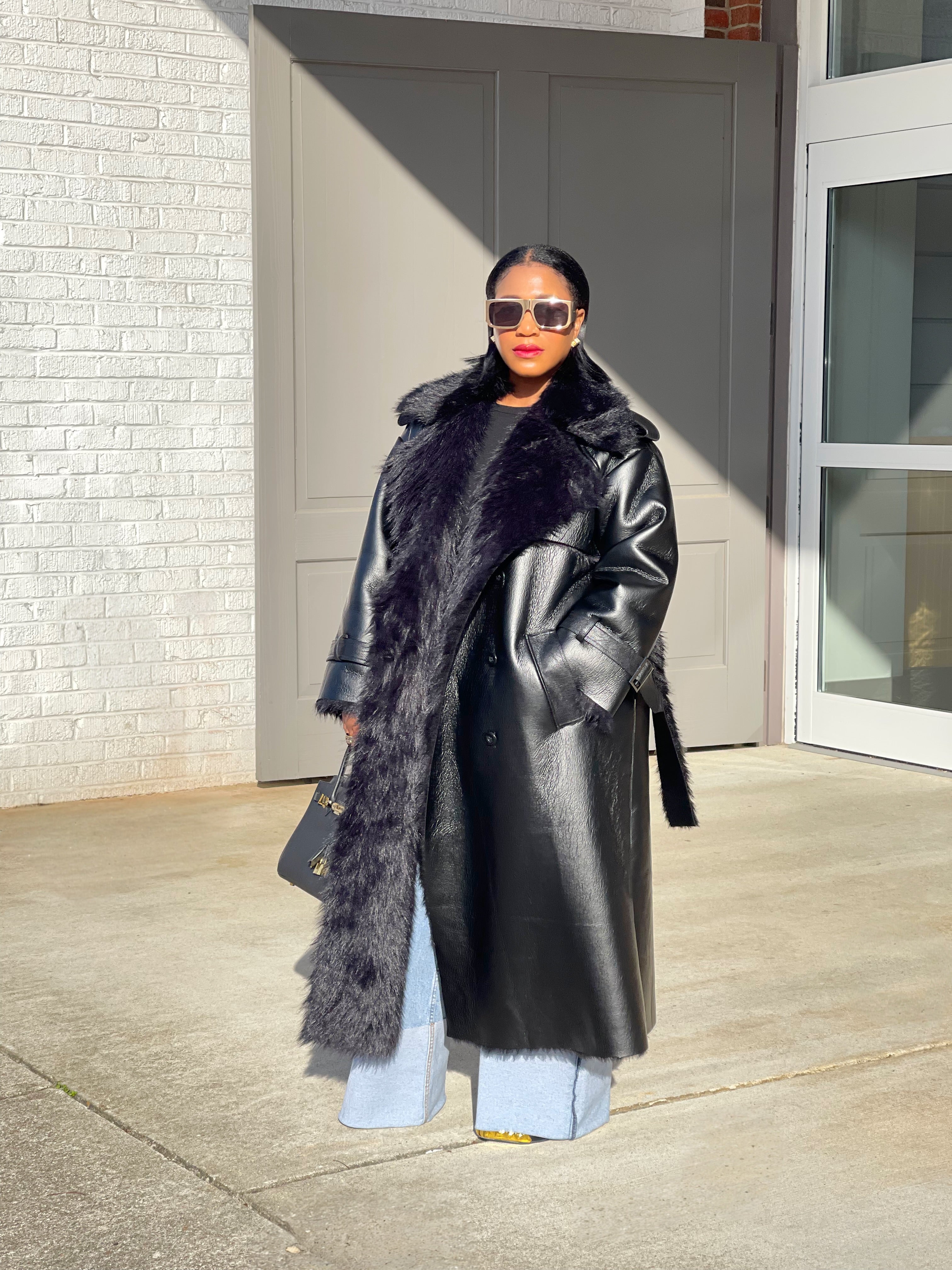 GOLDxTEAL gorgeous luxe faux  leather and shearling trench coat.