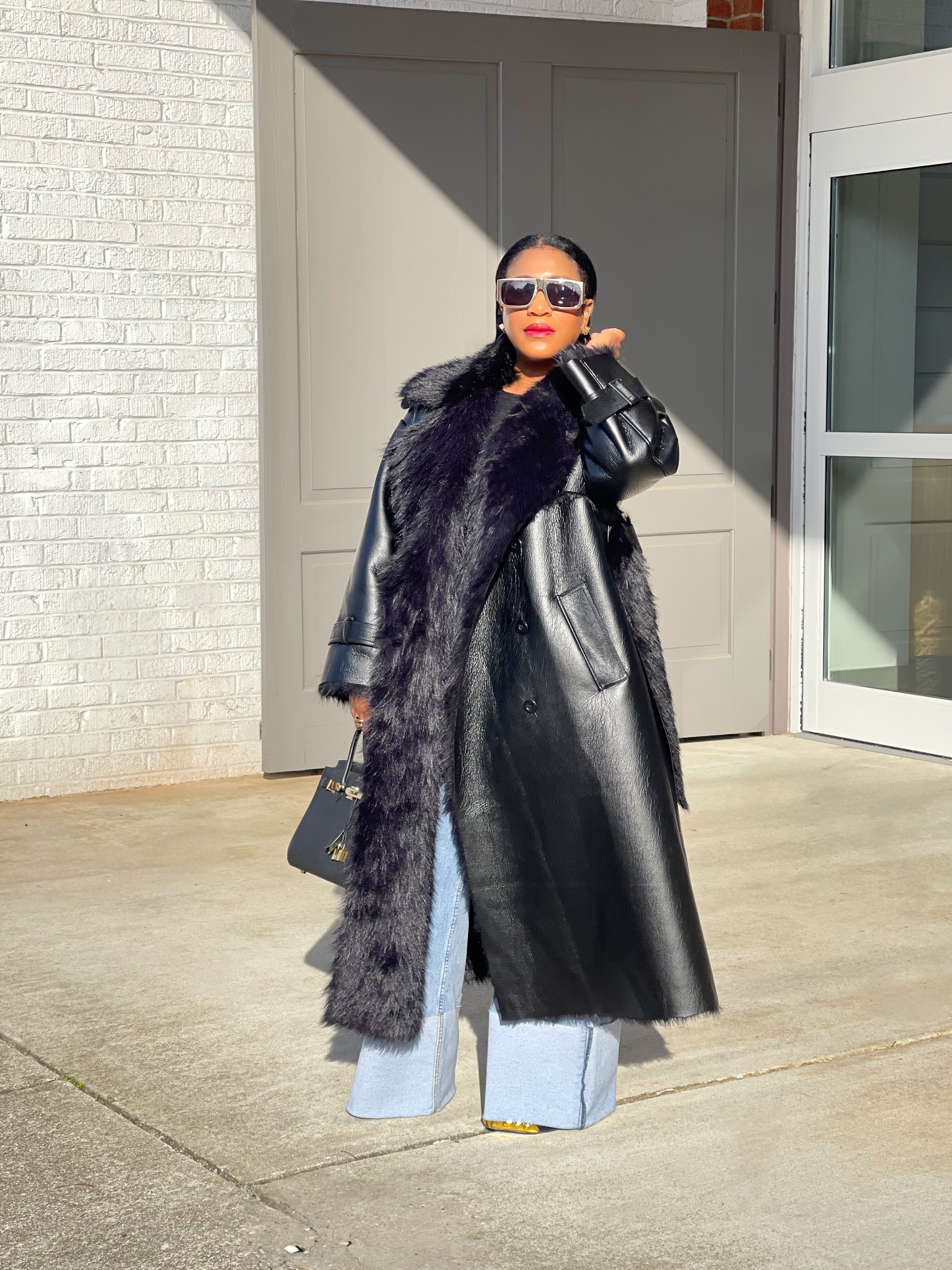 GOLDxTEAL gorgeous luxe faux  leather and shearling trench coat.