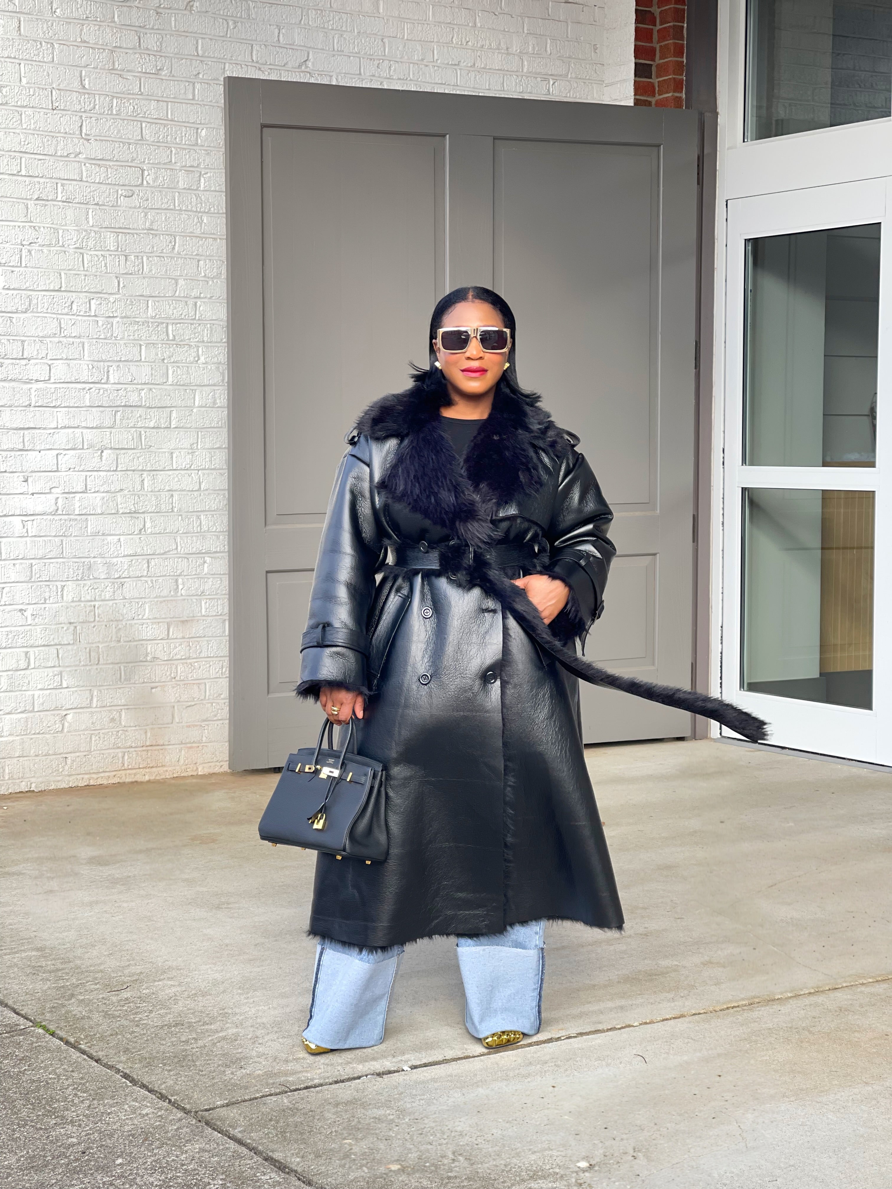 GOLDxTEAL gorgeous luxe faux  leather and shearling trench coat.