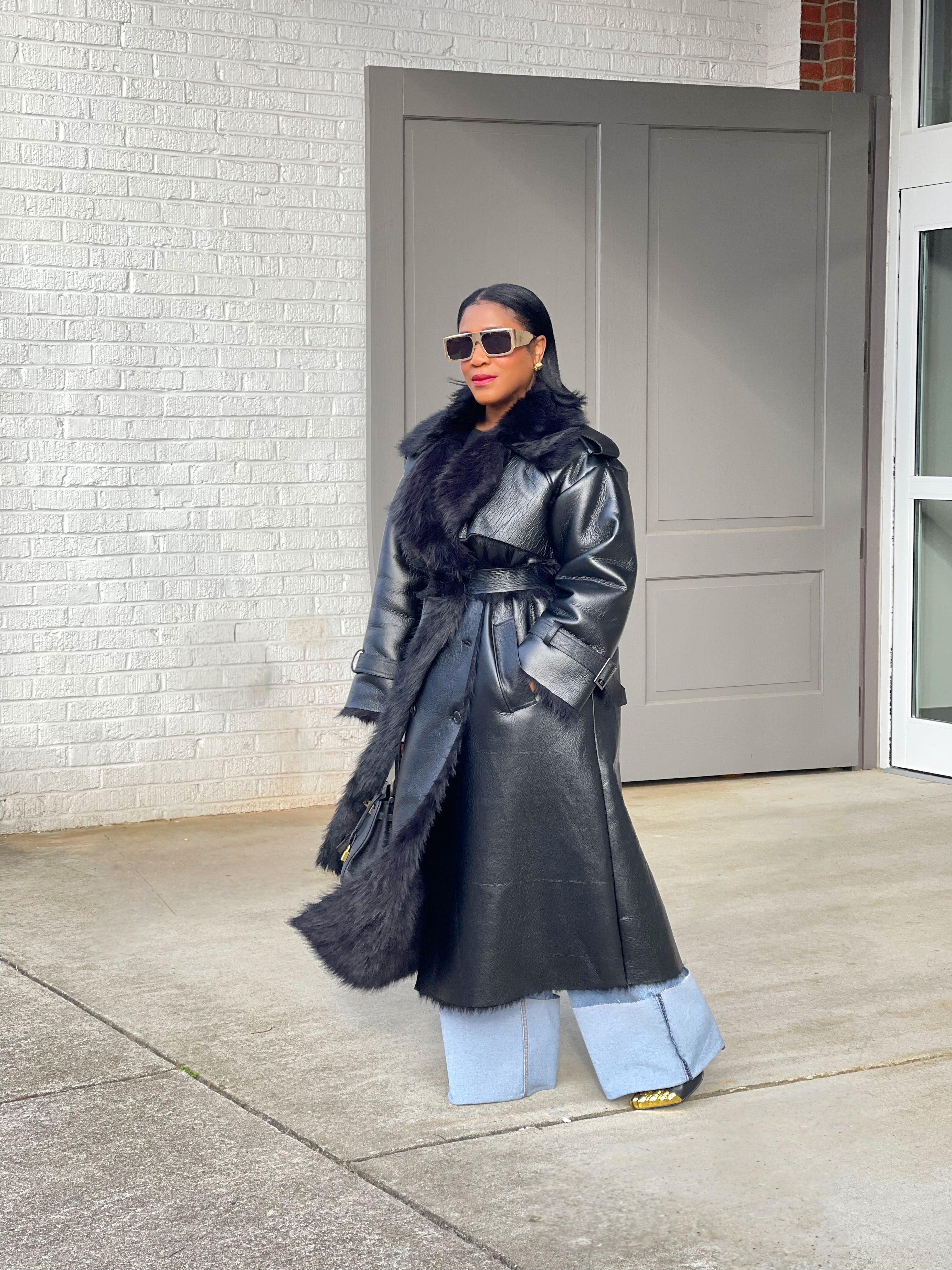 GOLDxTEAL gorgeous luxe faux  leather and shearling trench coat.