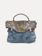 GOLDxTEAL stylish handmade taupe leather and denim handbag.