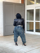 GOLDxTEAL patchwork denim and leather harem pants.