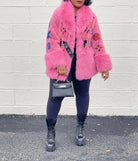 GOLDxTEAL colorful pink faux fur jacket.