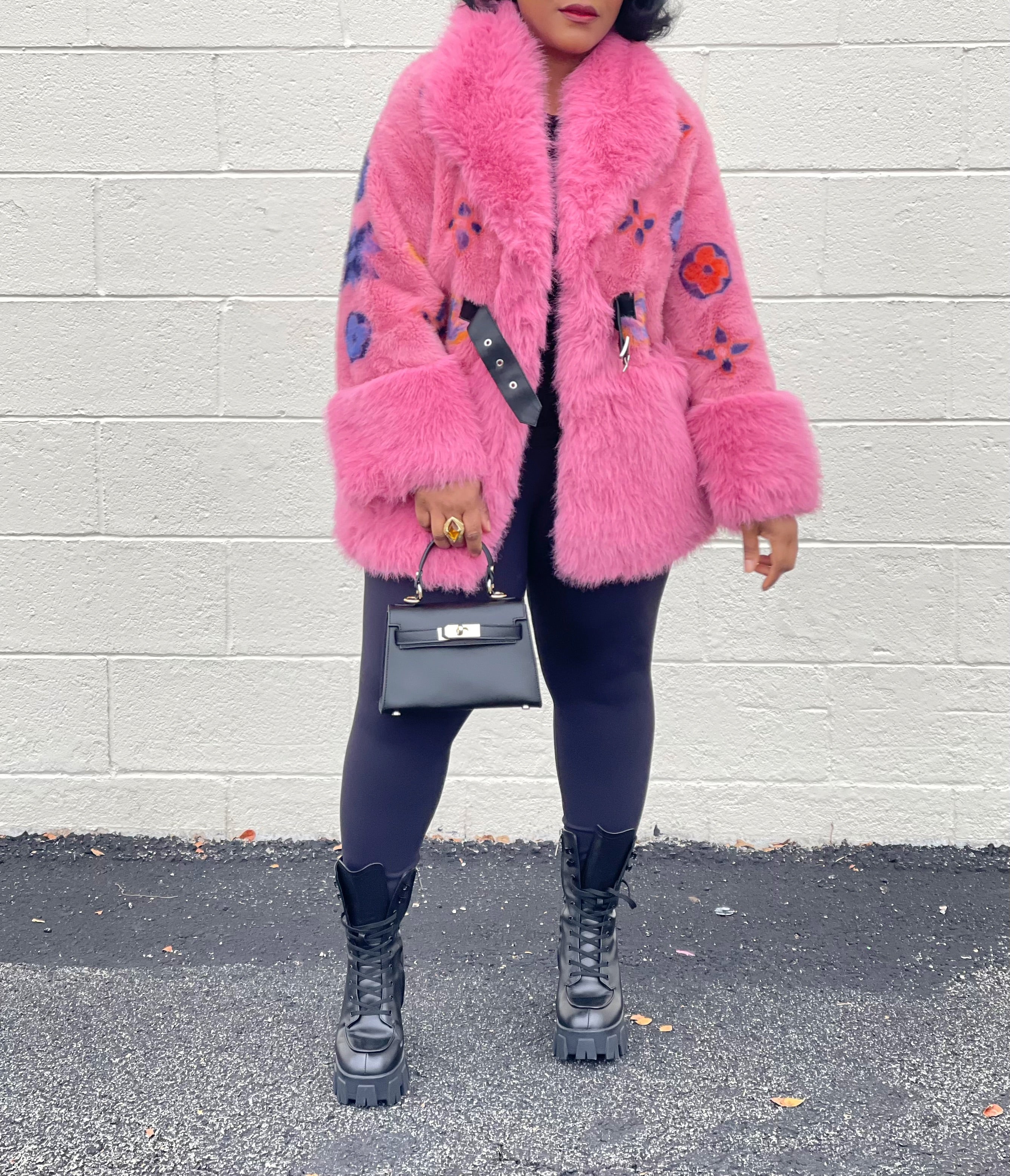 GOLDxTEAL colorful pink faux fur jacket.