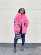 GOLDxTEAL colorful pink faux fur jacket.