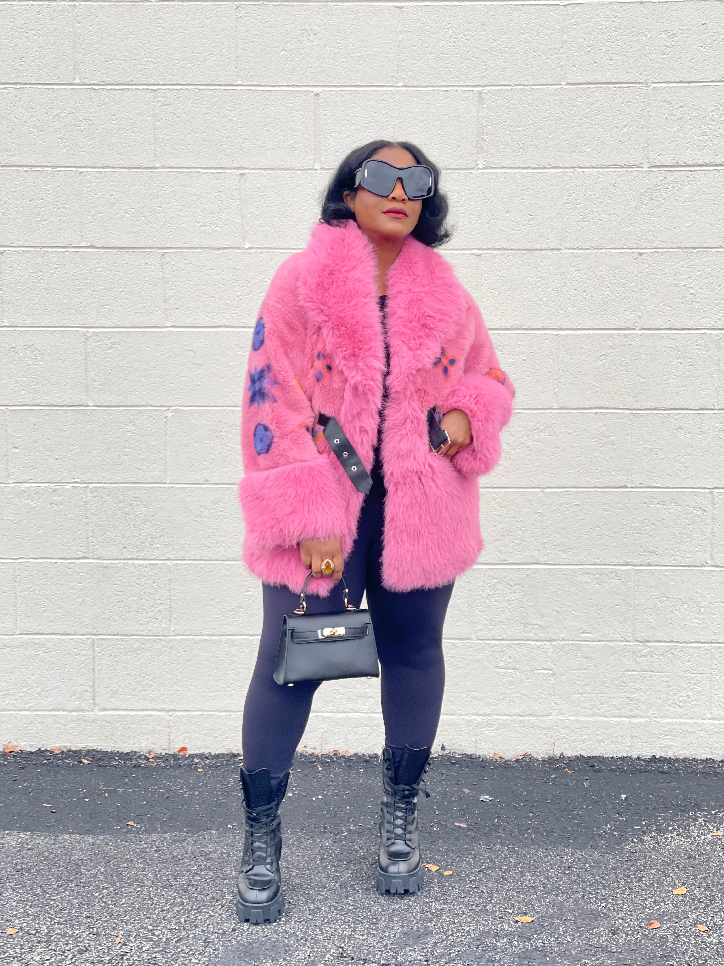 GOLDxTEAL colorful pink faux fur jacket.