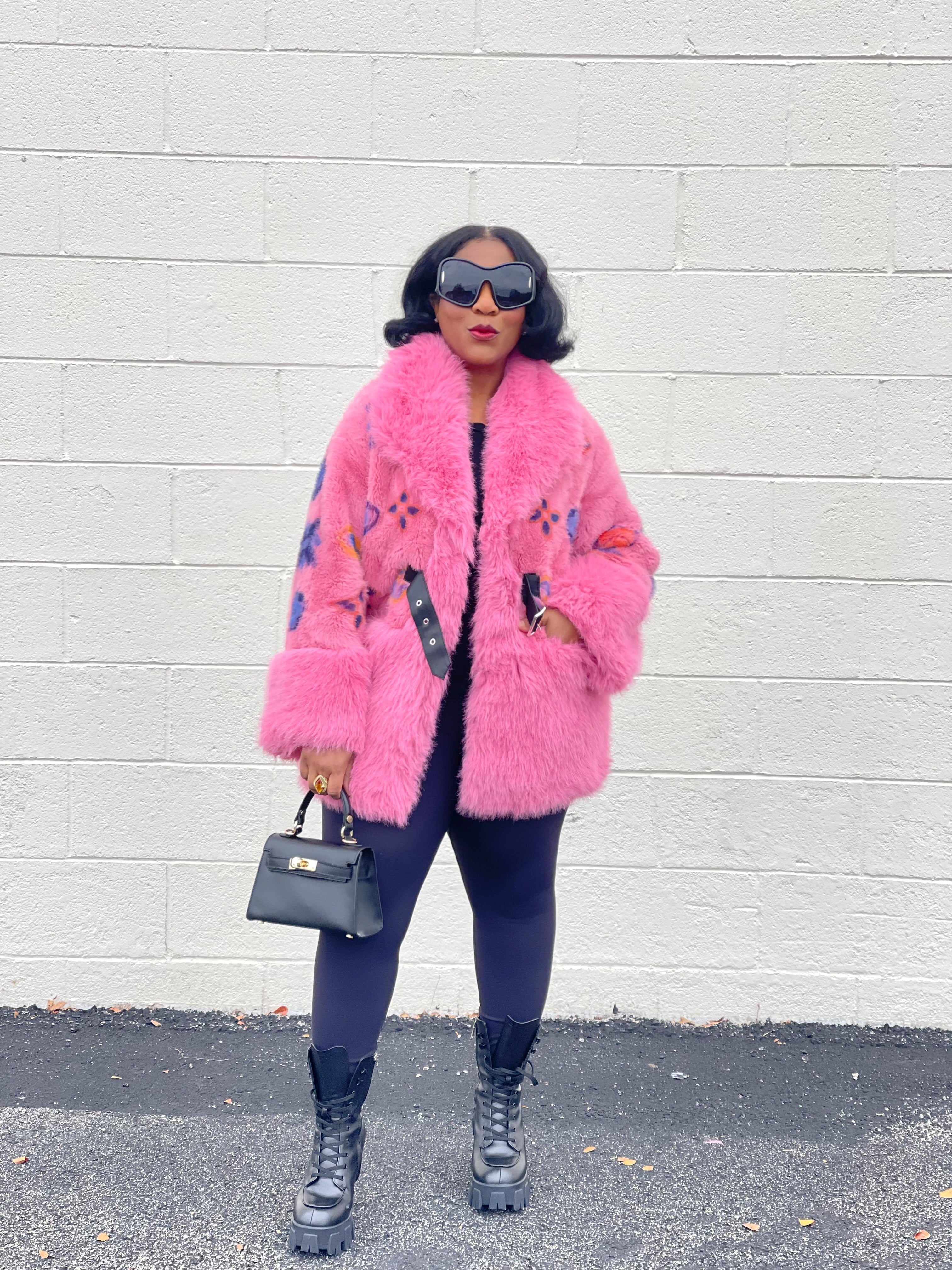 GOLDxTEAL colorful pink faux fur jacket.