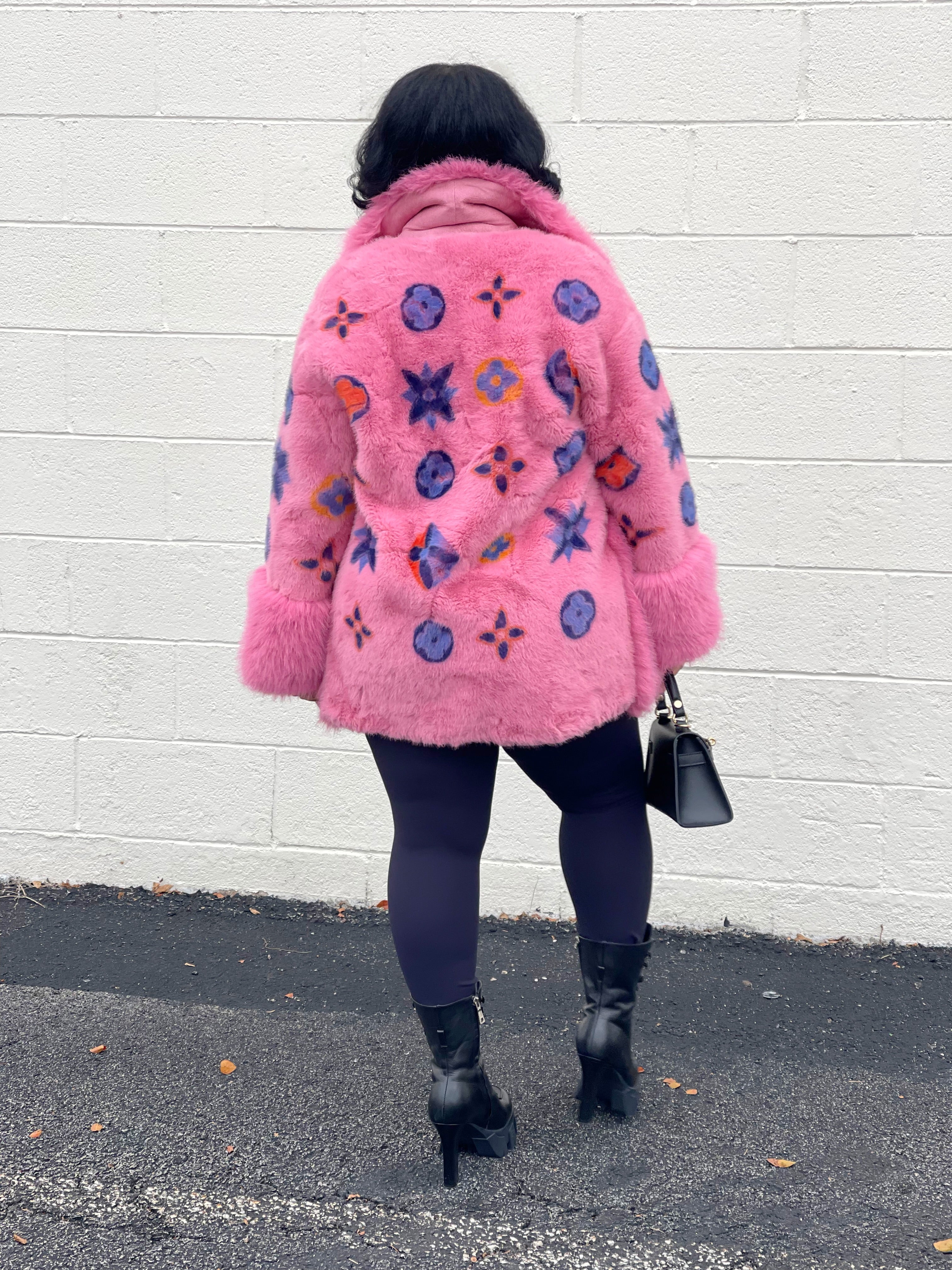 GOLDxTEAL colorful pink faux fur jacket.