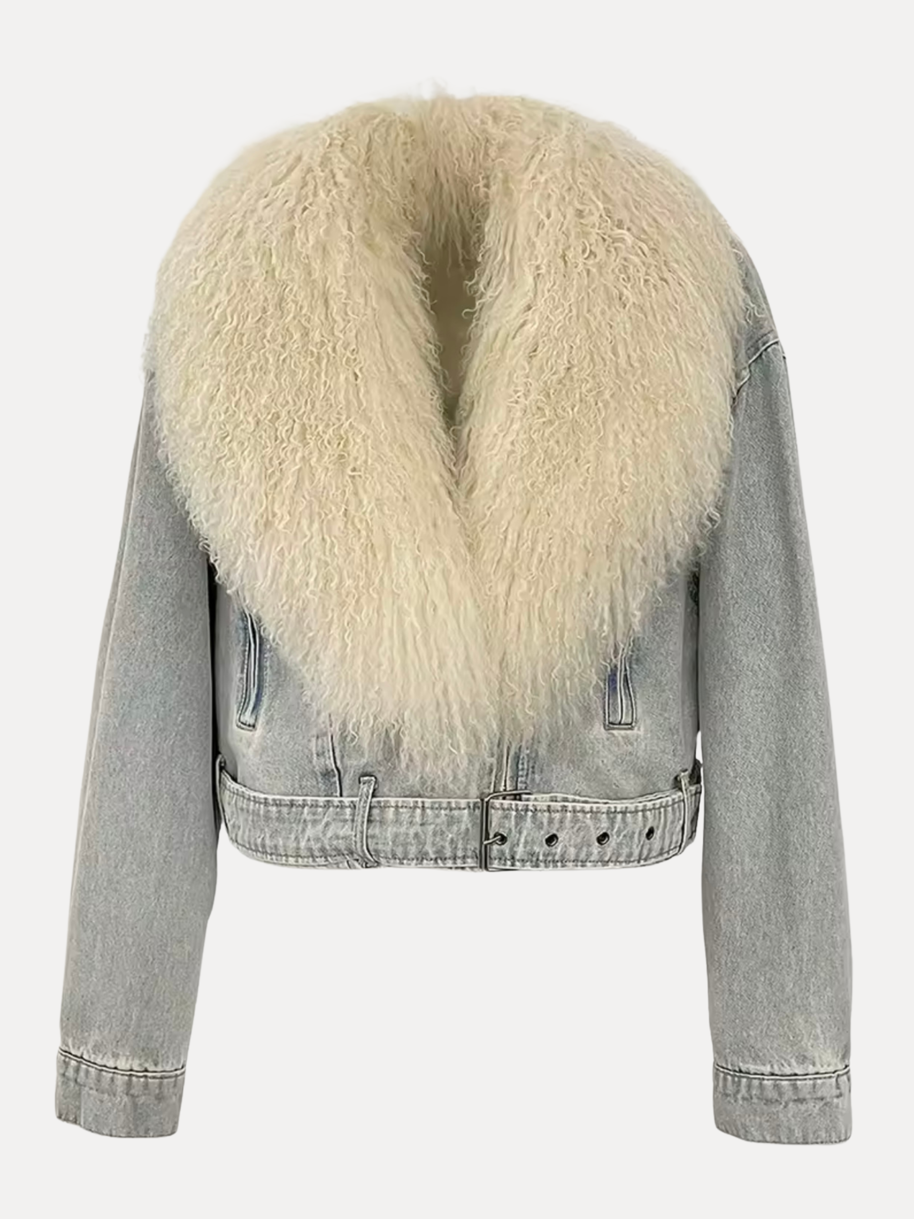 GOLDxTEAL denim biker style jacket with Mongolian fur shawl collar.