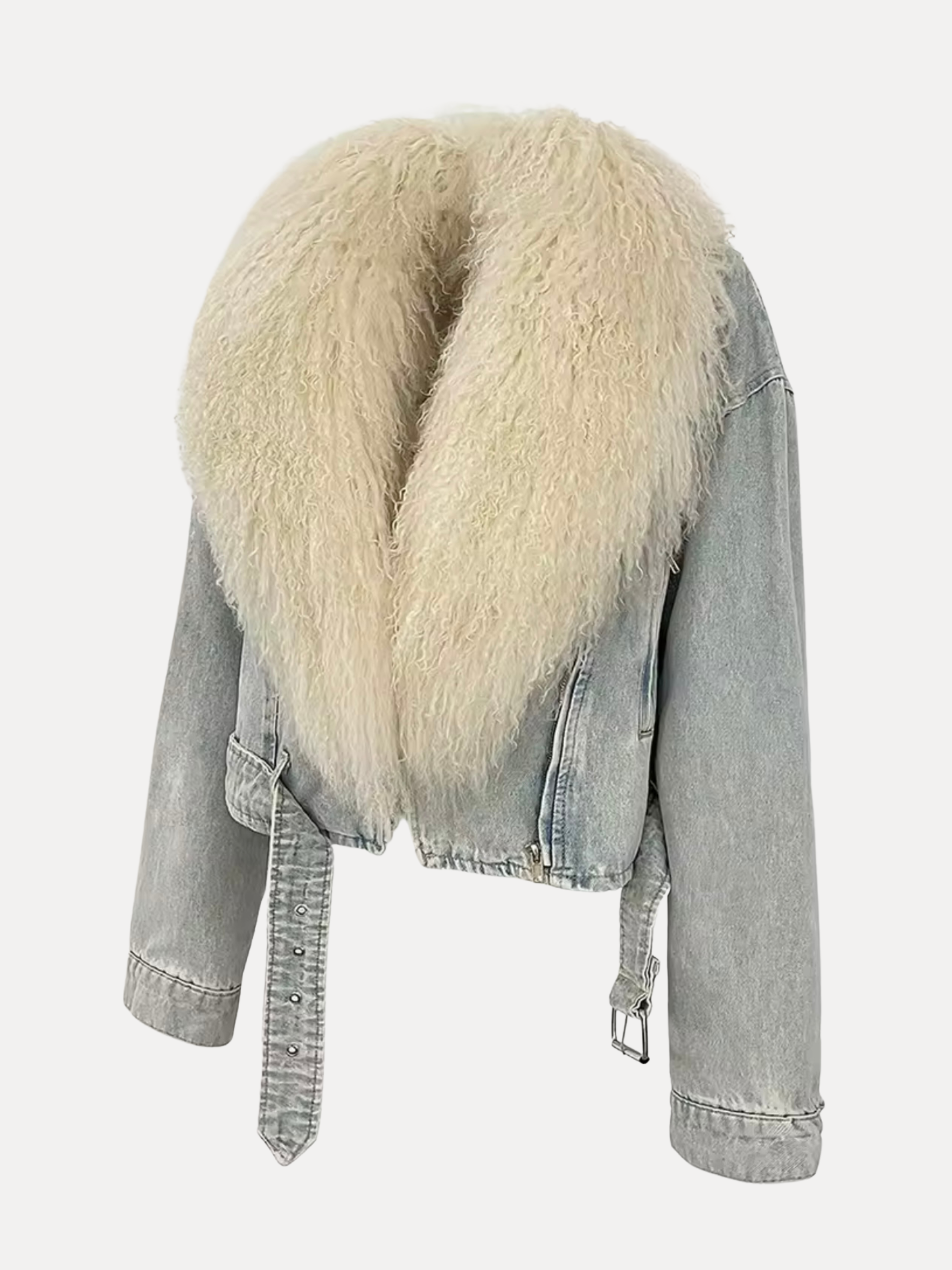 GOLDxTEAL denim biker style jacket with Mongolian fur shawl collar.