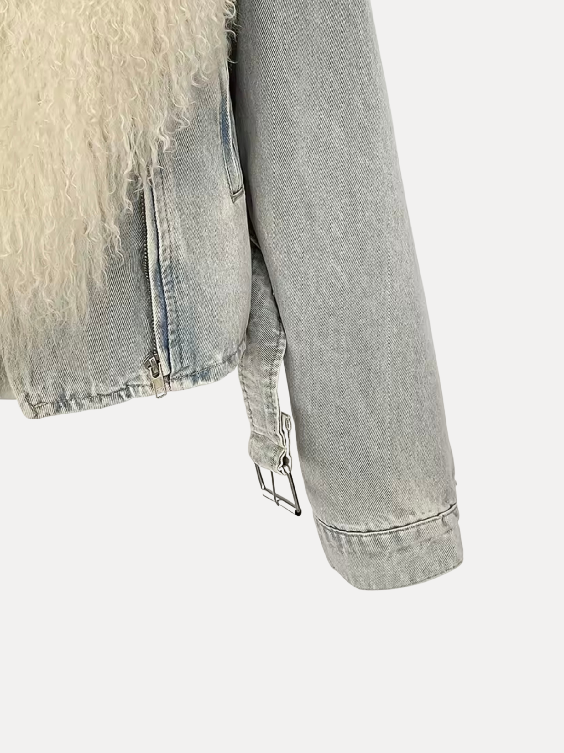 GOLDxTEAL denim biker style jacket with Mongolian fur shawl collar.