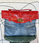 GOLDxTEAL stylish handmade denim and red leather handbag.