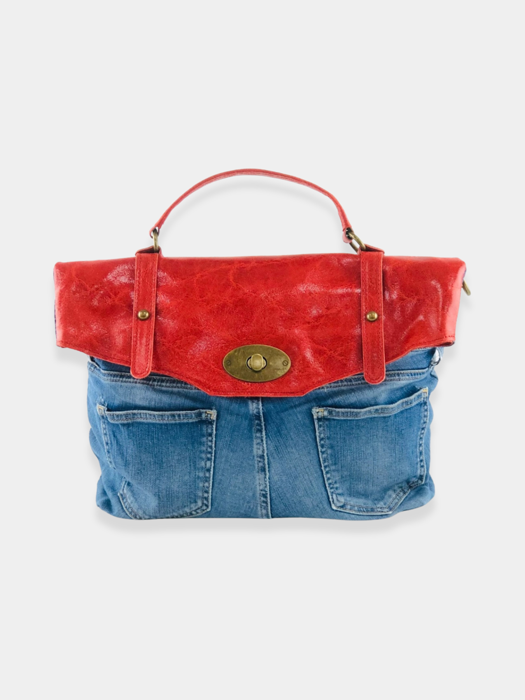 GOLDxTEAL stylish handmade denim and red leather handbag.