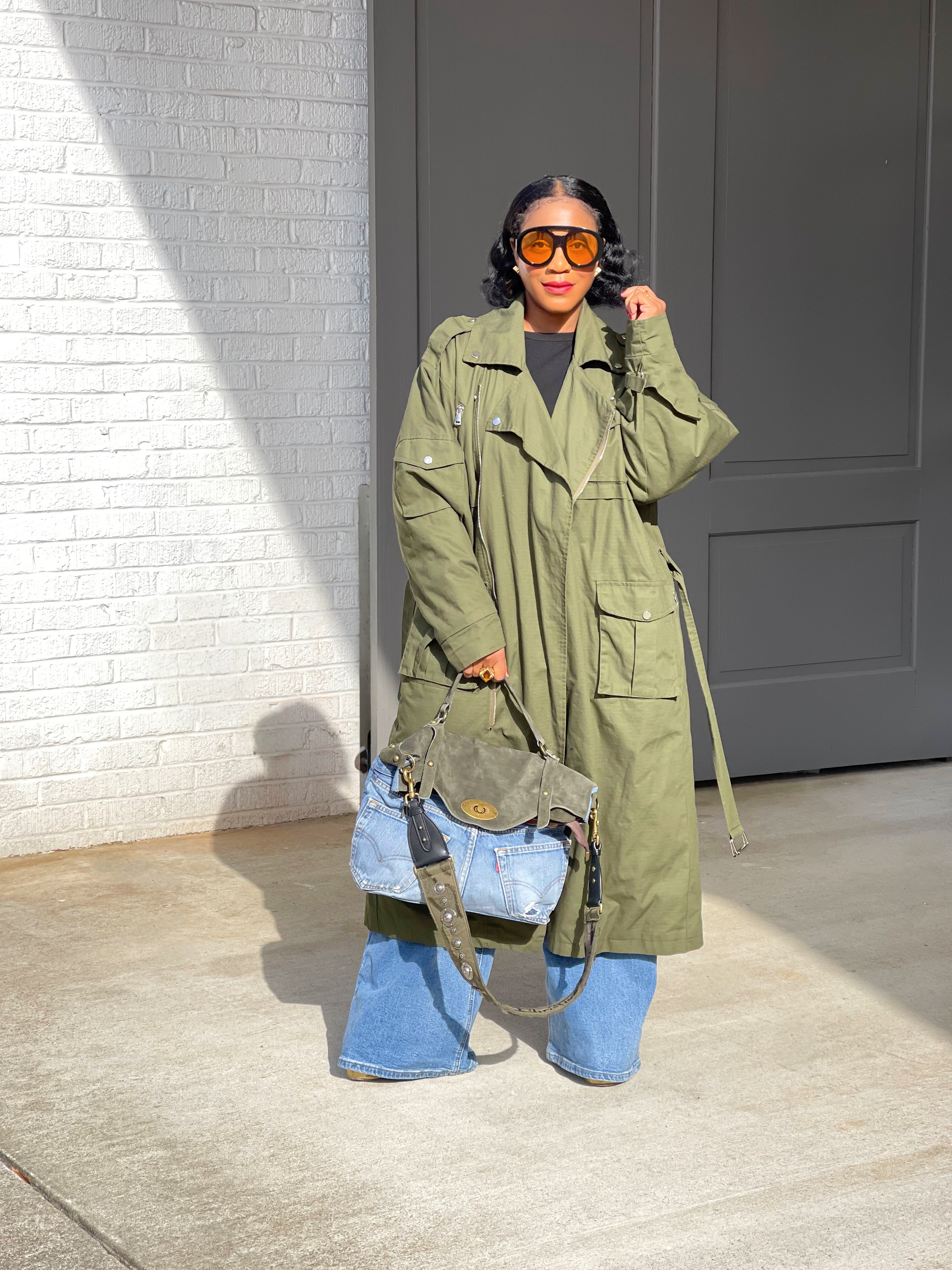 GOLDxTEAL olive green oversized cargo style trench coat.