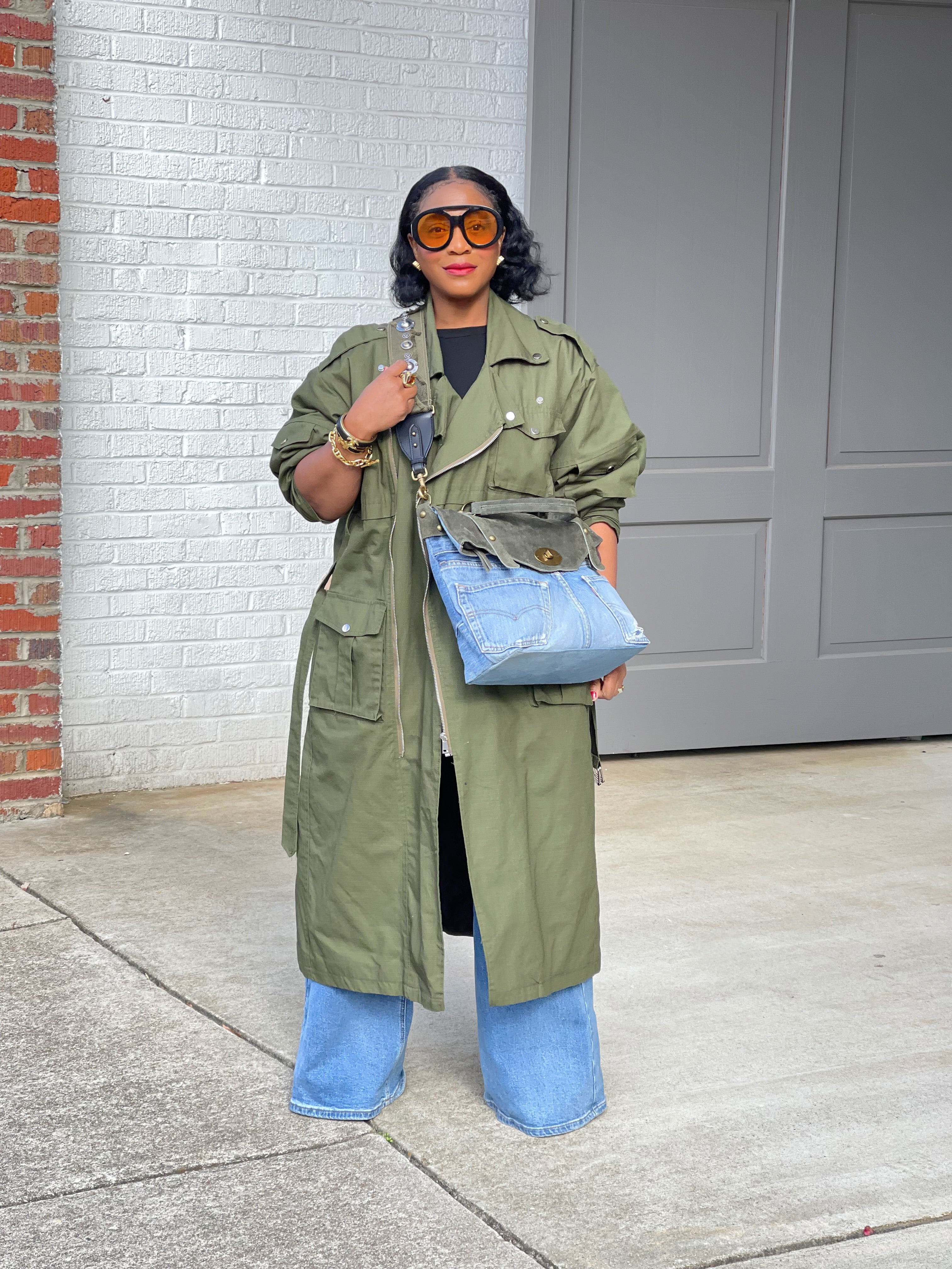 GOLDxTEAL olive green oversized cargo style trench coat.