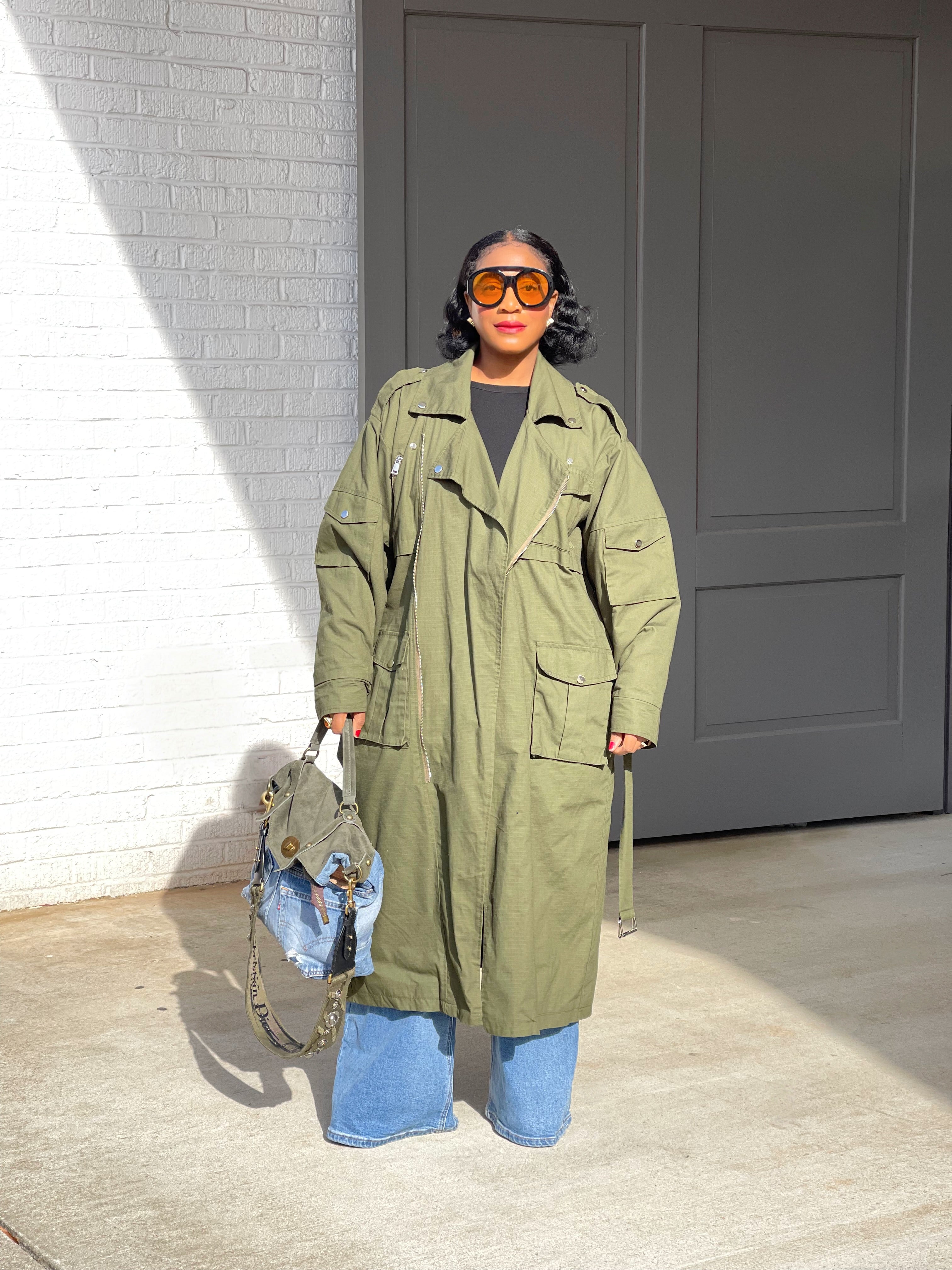 GOLDxTEAL olive green oversized cargo style trench coat.