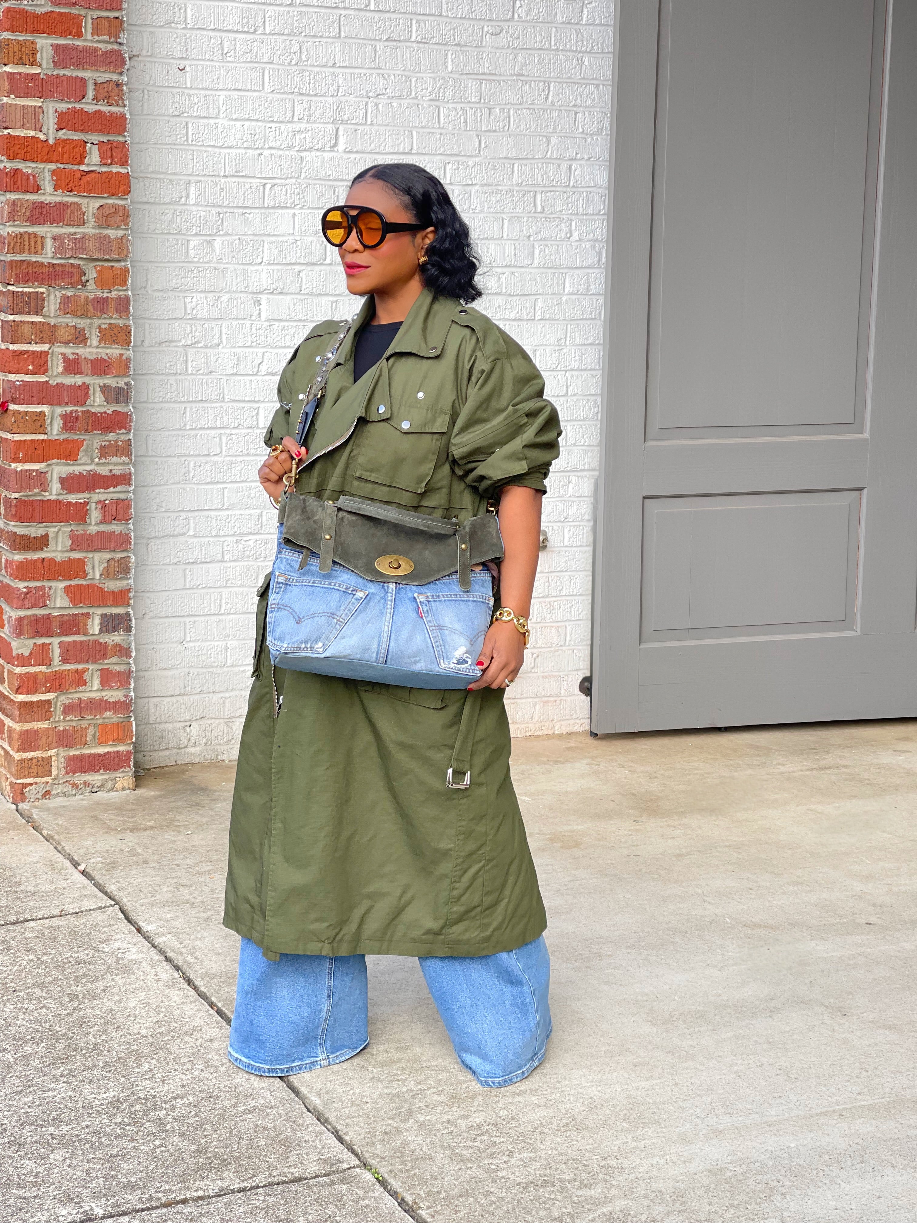 GOLDxTEAL olive green oversized cargo style trench coat.