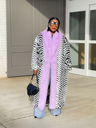 GOLDxTEAL black and white chevron print faux fur coat accented with lavender faux fur.