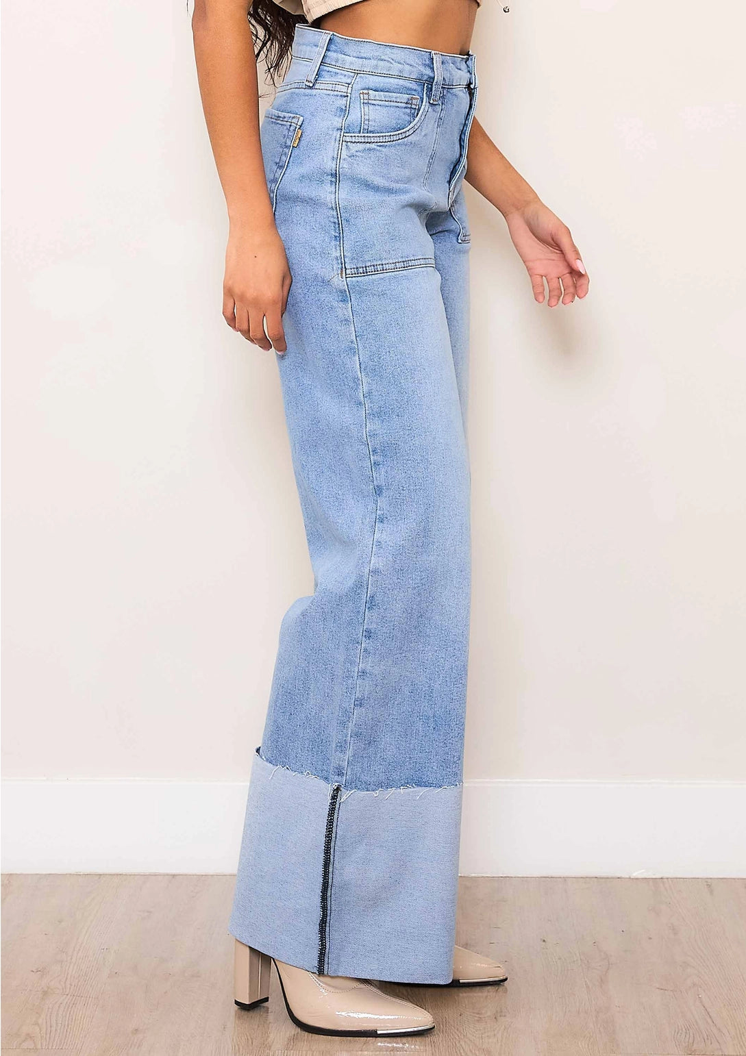 GOLDxTEAL stretch wide cuff wide leg jeans.