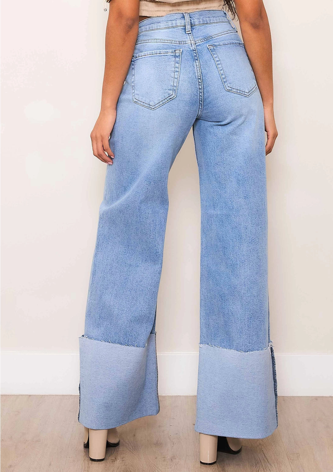 GOLDxTEAL stretch wide cuff wide leg jeans.