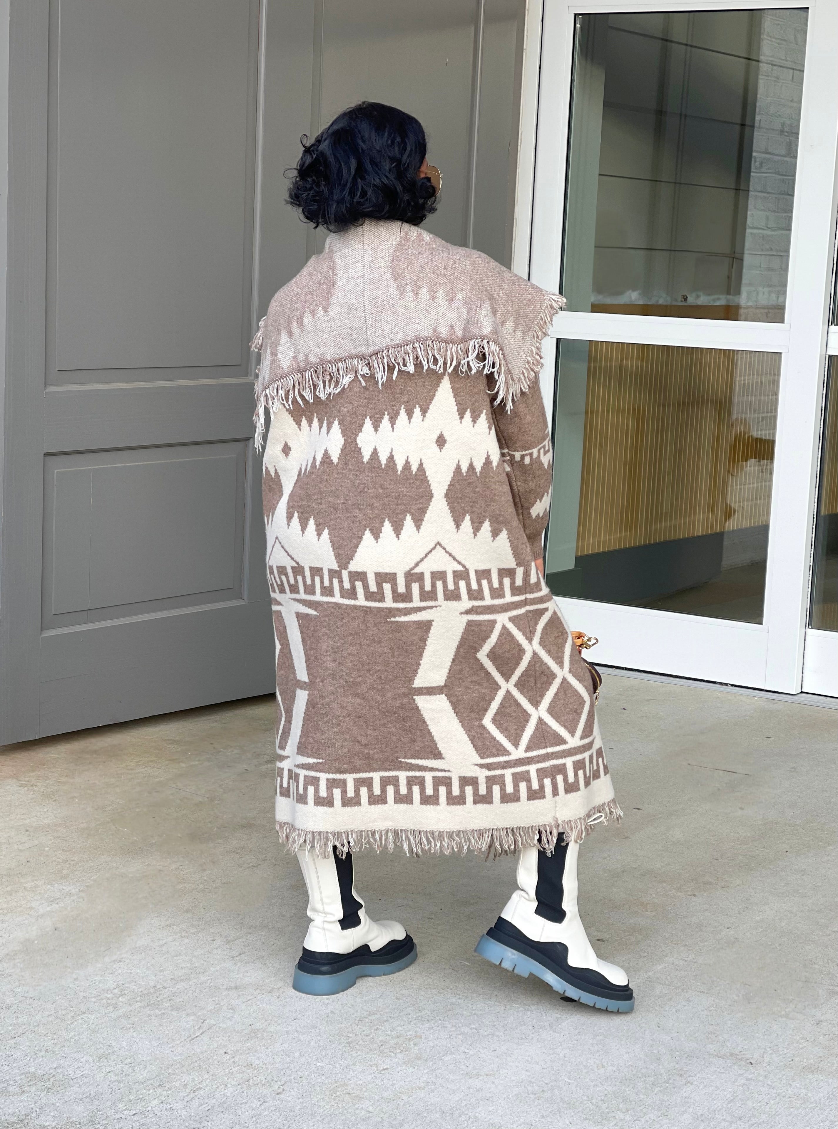 GOLDxTEAL stylish and chic mid length fringe cardigan with an oversized shawl collar.