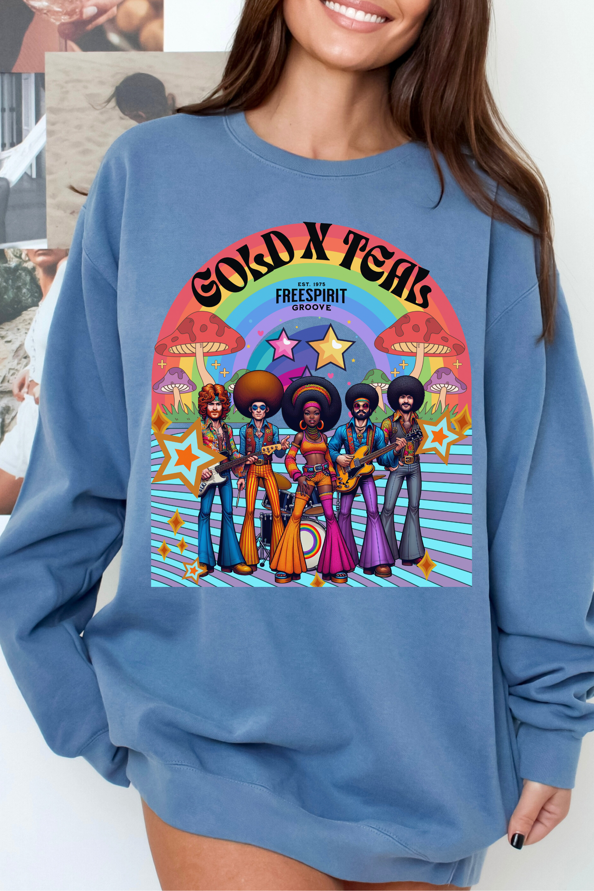 GOLDxTEAL colorful retro graphic sweatshirt.