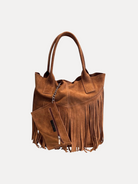 GOLDxTEAL gorgeous honey brown suede fringe handbag.