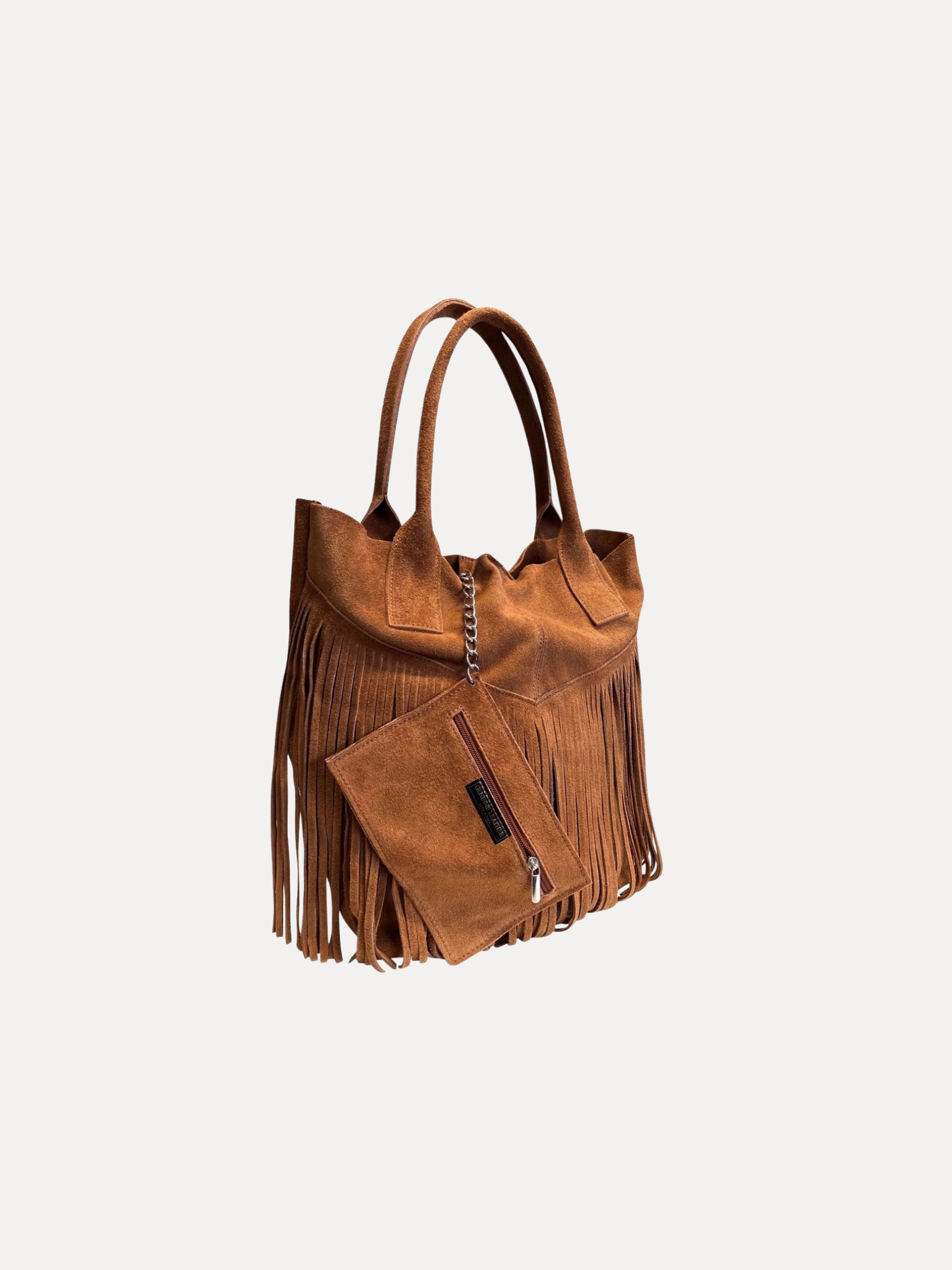 GOLDxTEAL gorgeous honey brown suede fringe handbag.