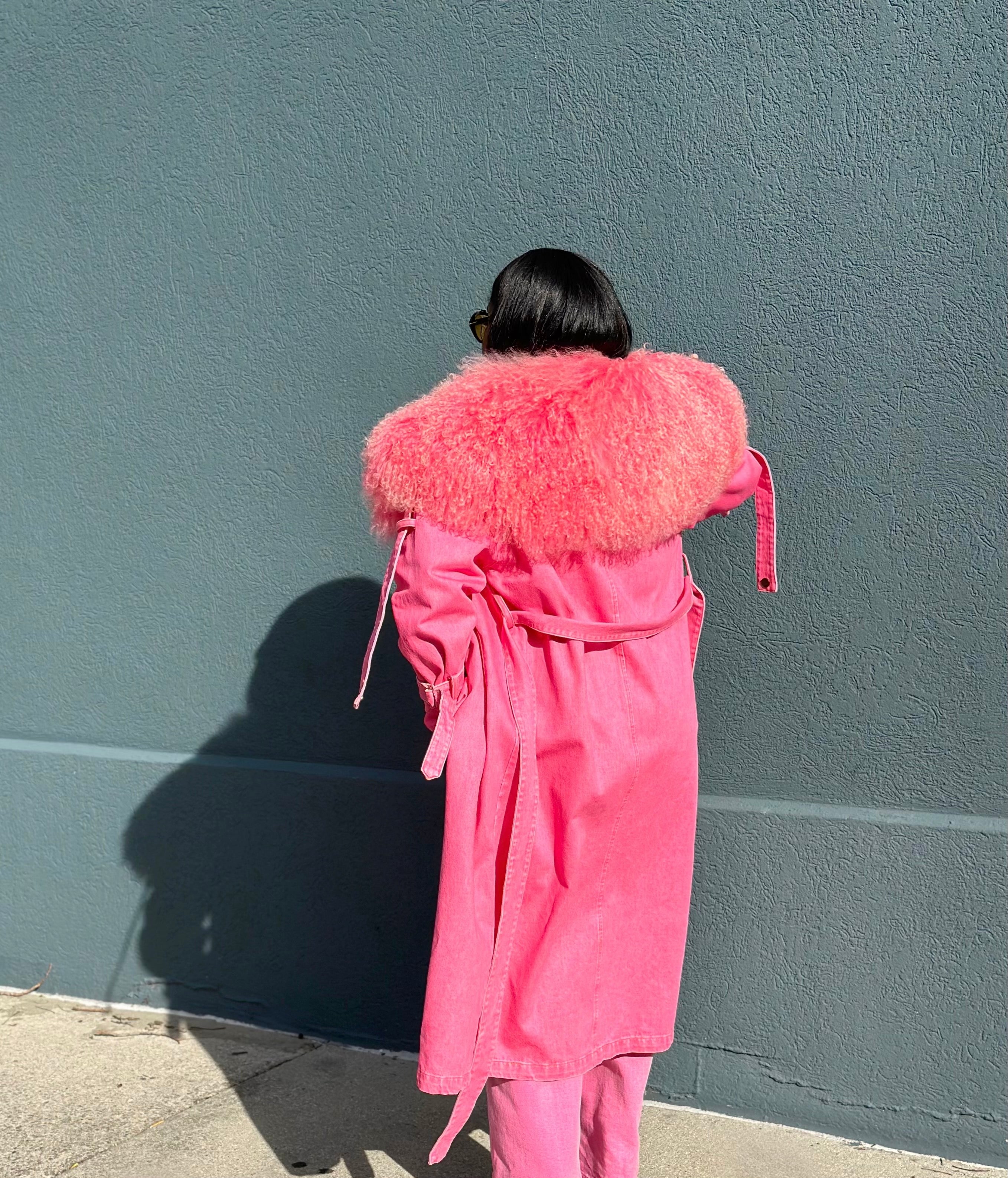 GOLDxTEAL pink denim fur trench coat.