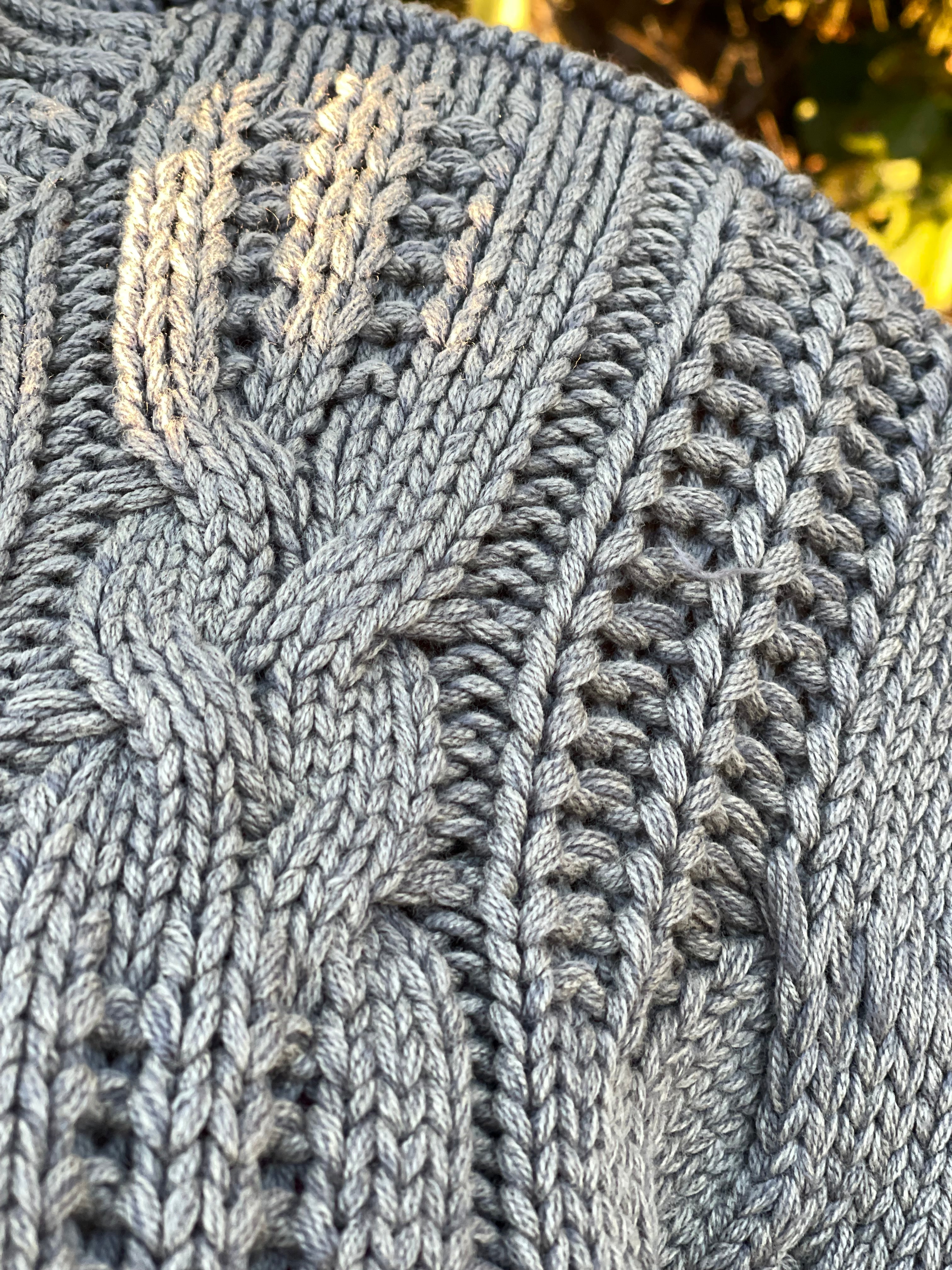 GOLDxTEAL chunky distressed cable knit sweater.