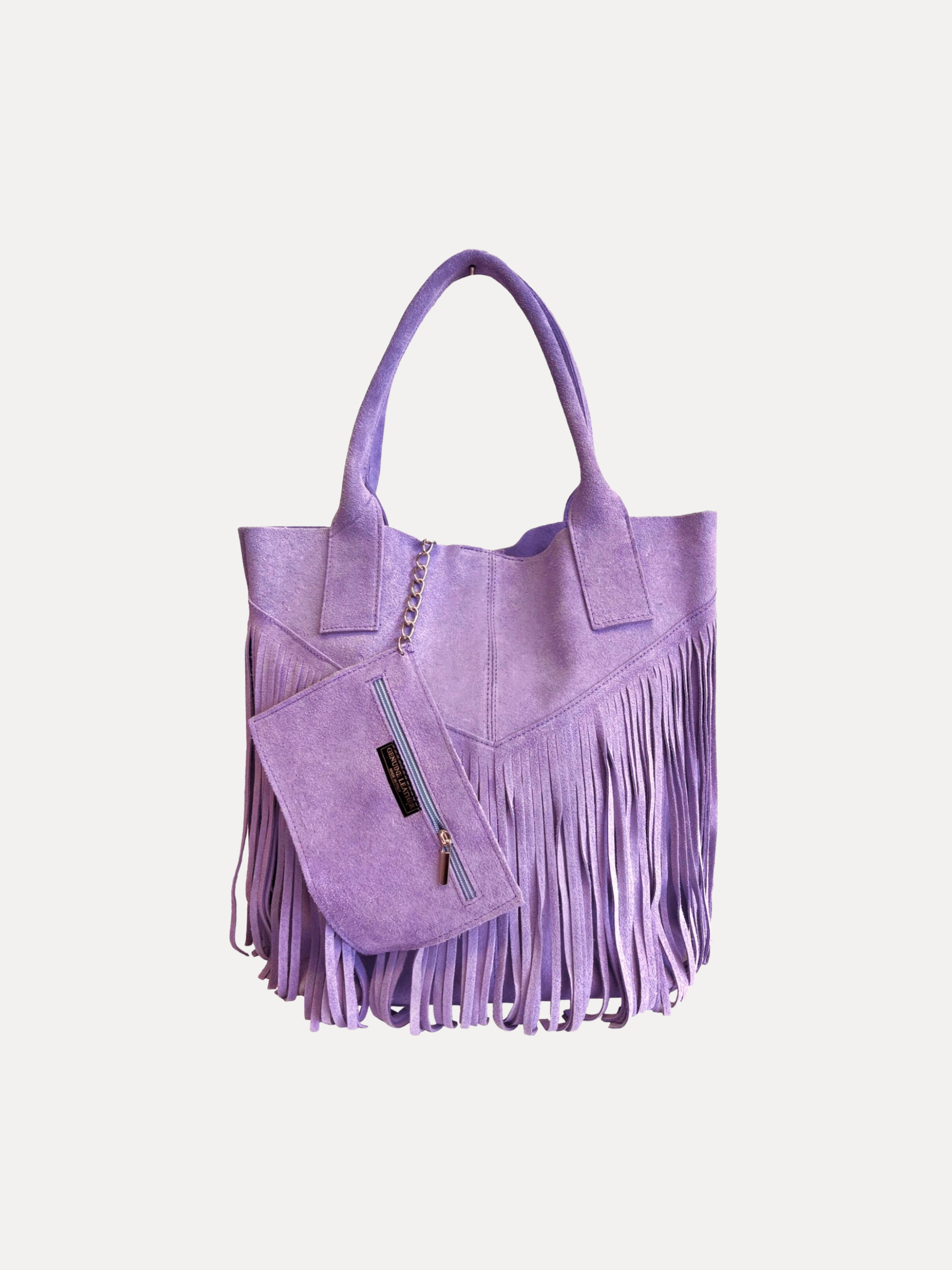 GOLDxTEAL gorgeous lavender suede leather fringe handbag.