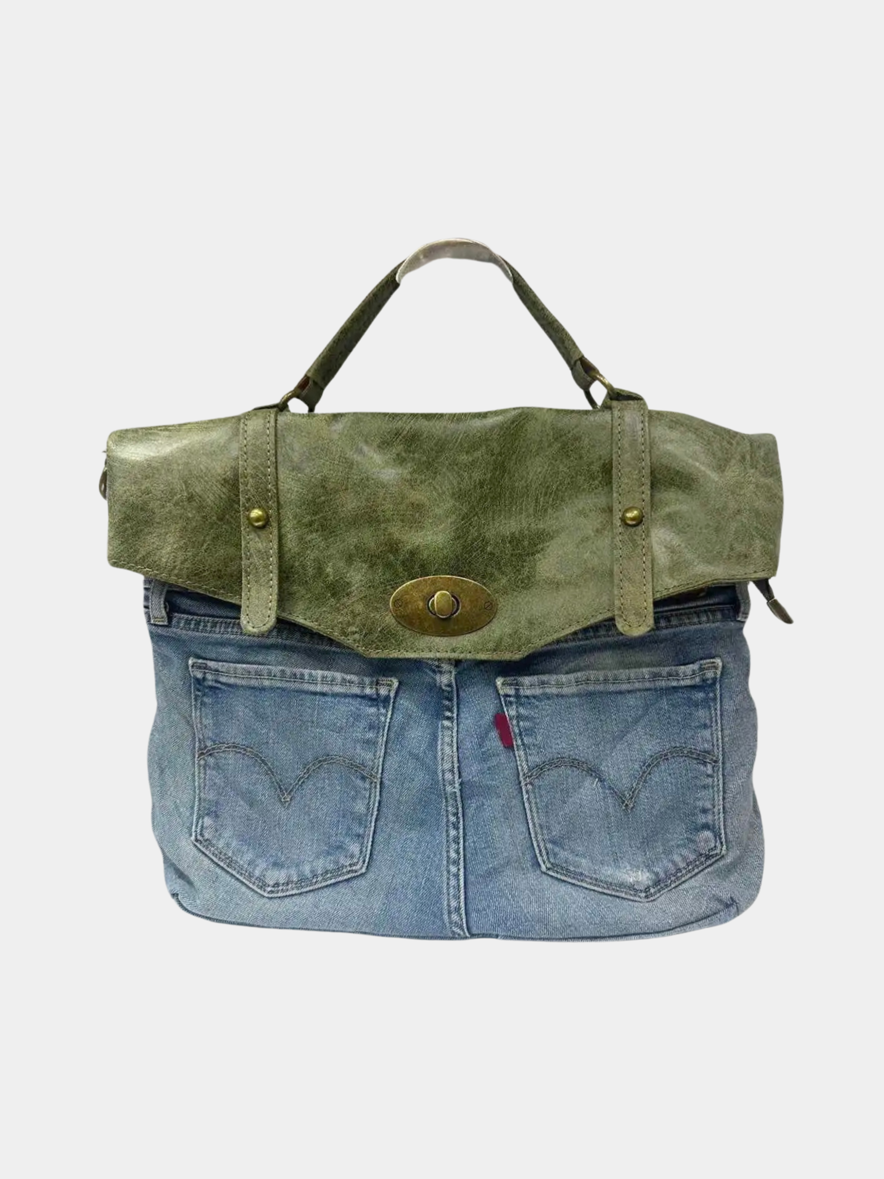 GOLDxTEAL stylish olive green leather and denim handbag.