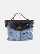 GOLDxTEAL gorgeous black leather and denim satchel handbag.