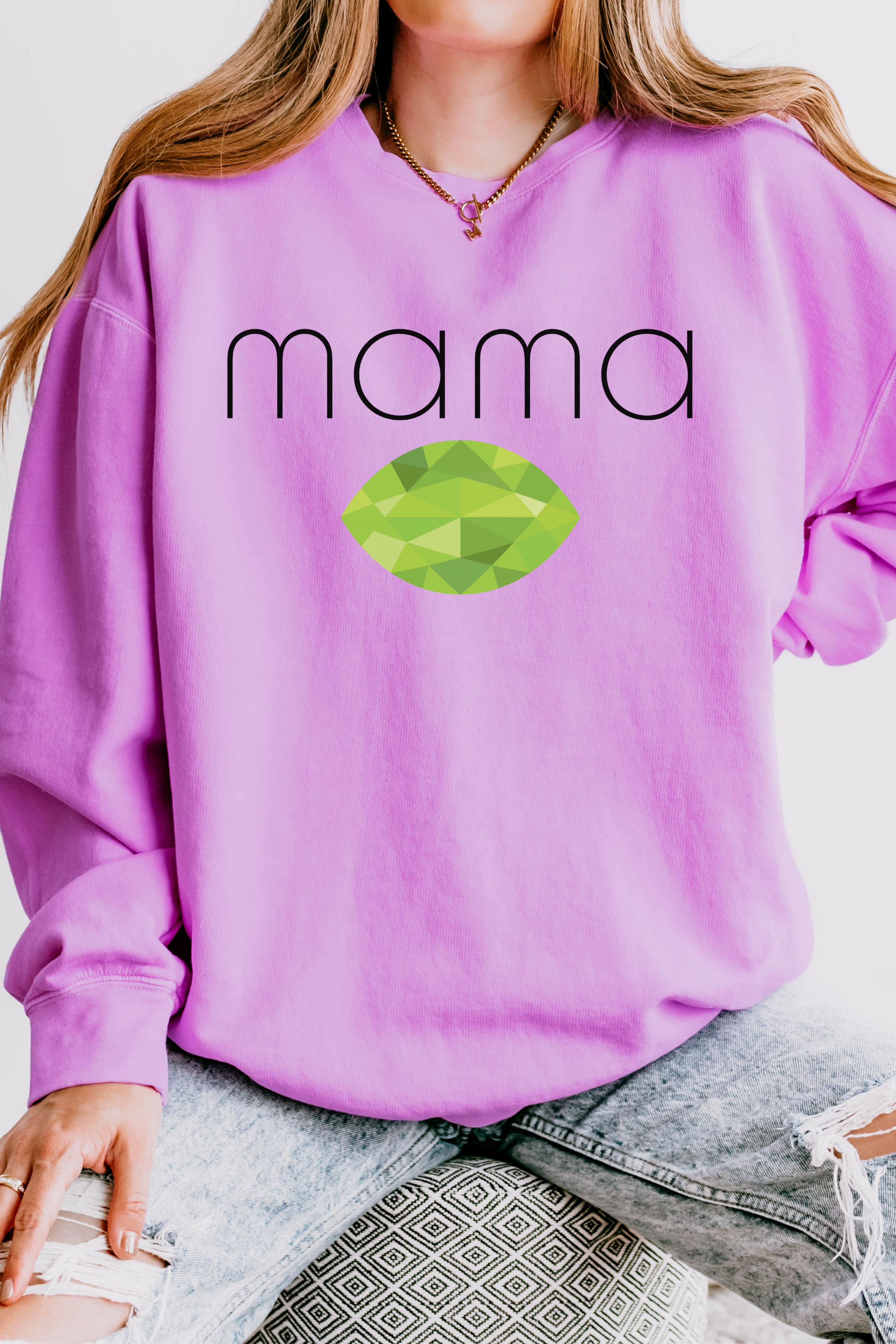 GOLDxTEAL custom mama sweatshirt peridot birthstone. 
