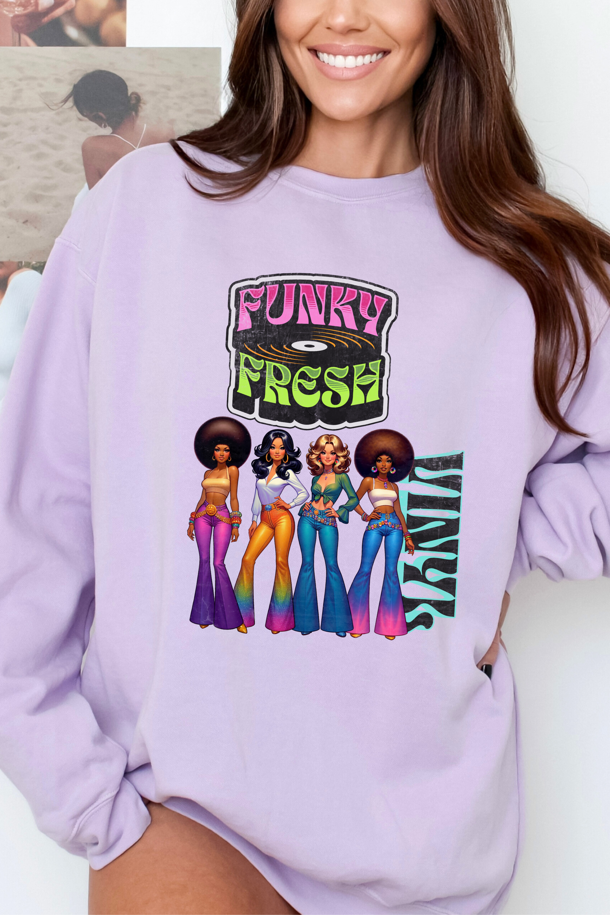 GOLDxTEAL's Colorful retro distressed graphic sweatshirt.