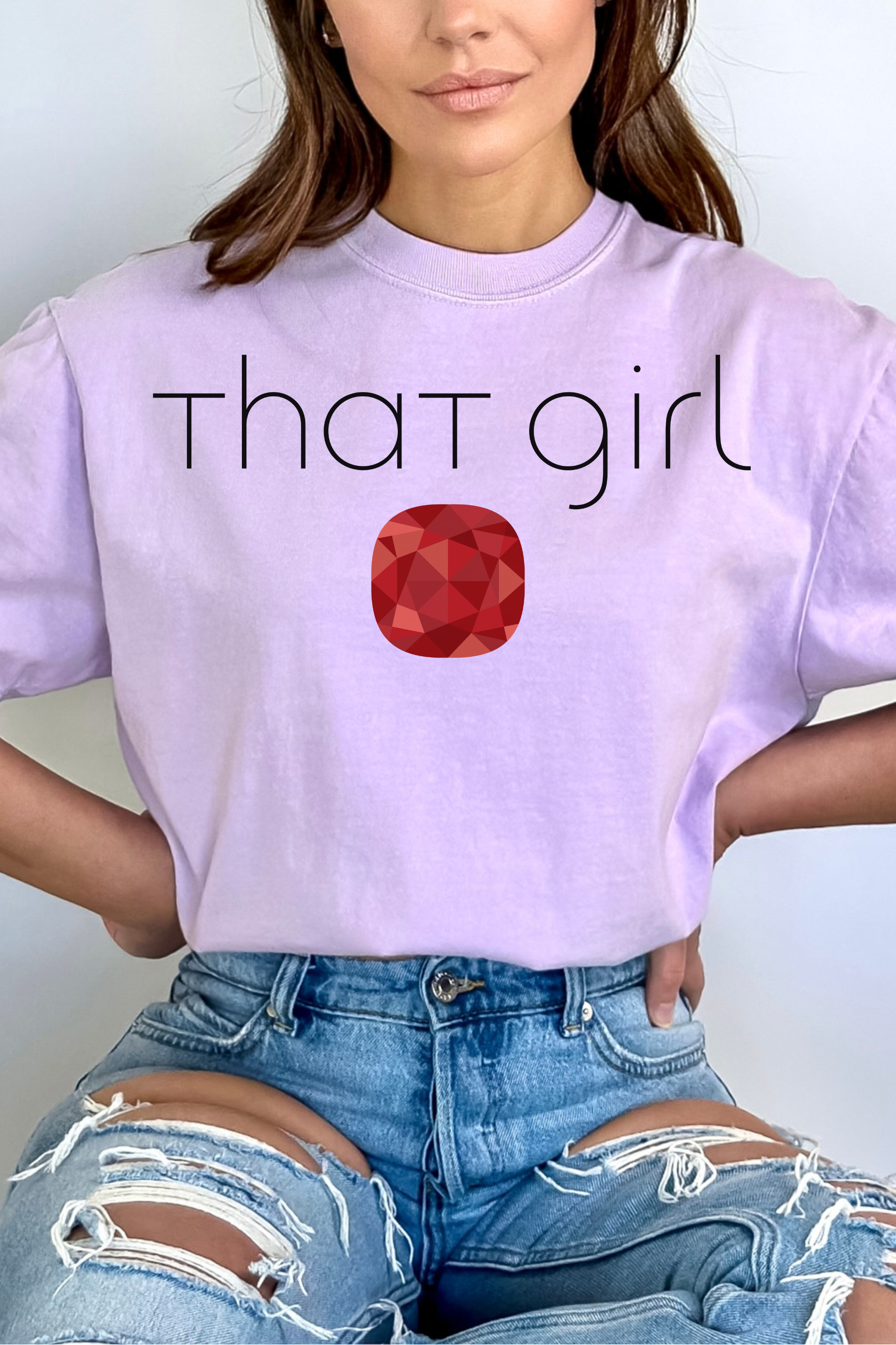 GOLDxTEAL That Girl T-shirt Ruby birthstone.