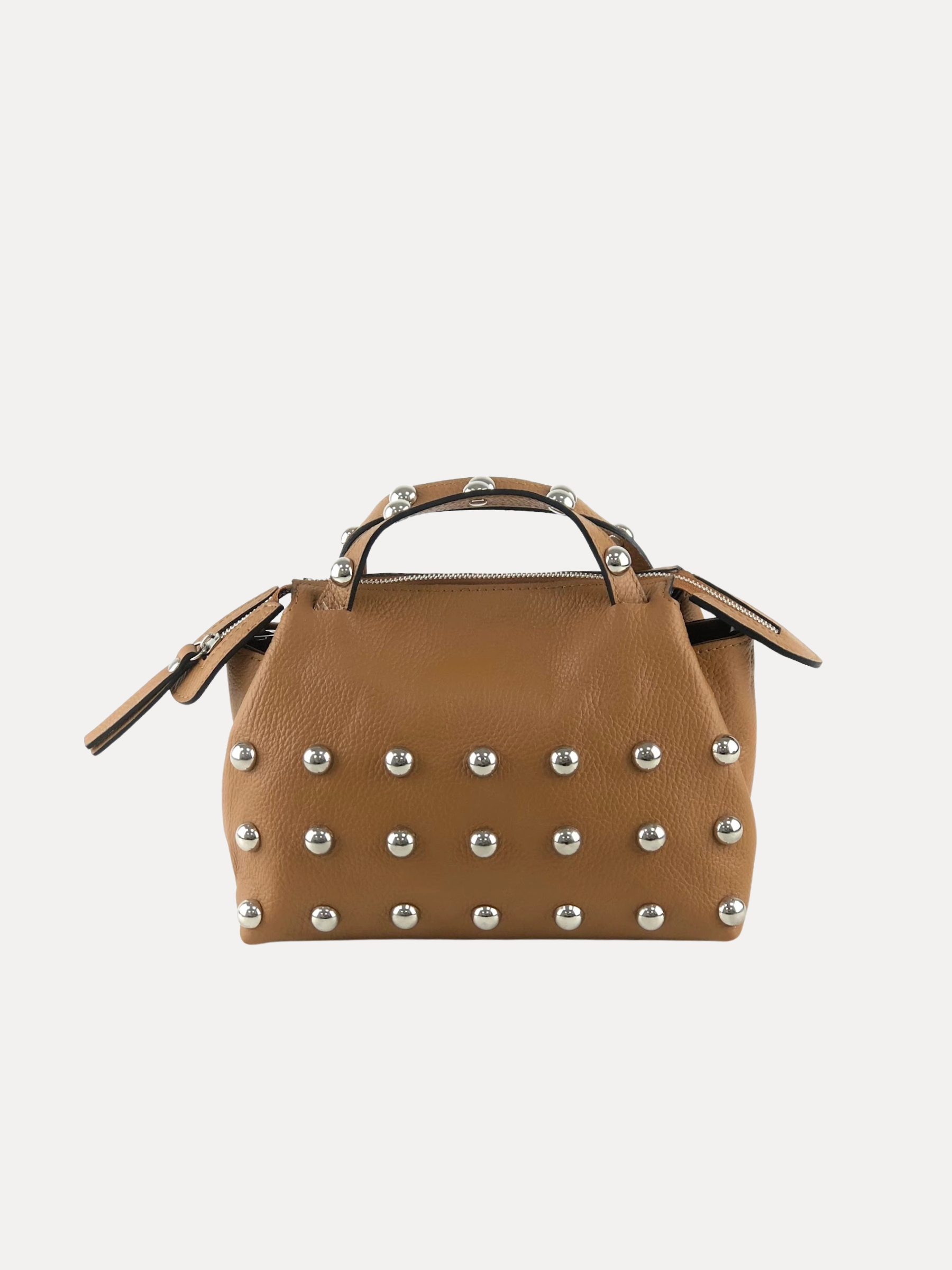 GOLDxTEAL handmade leather studded carryall handbag.