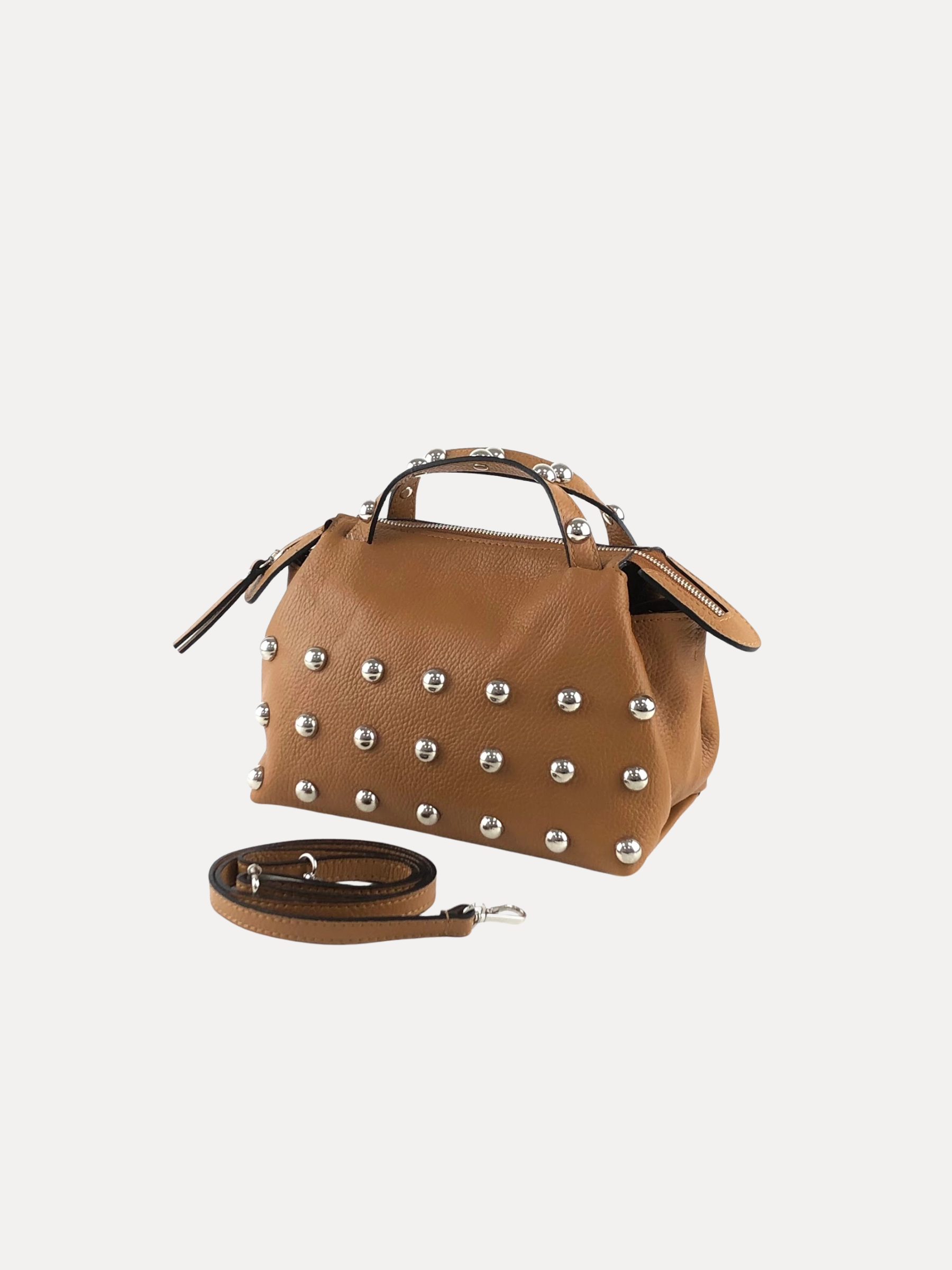 GOLDxTEAL handmade leather studded carryall handbag.