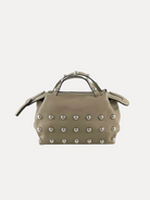 GOLDxTEAL luxe grainy leather taupe satchel accented with silver tone studs.