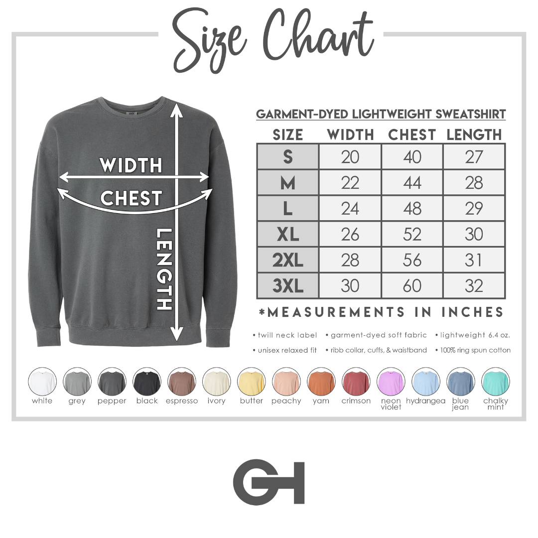 GOLDxTEAL Sweatshirt Size chart.